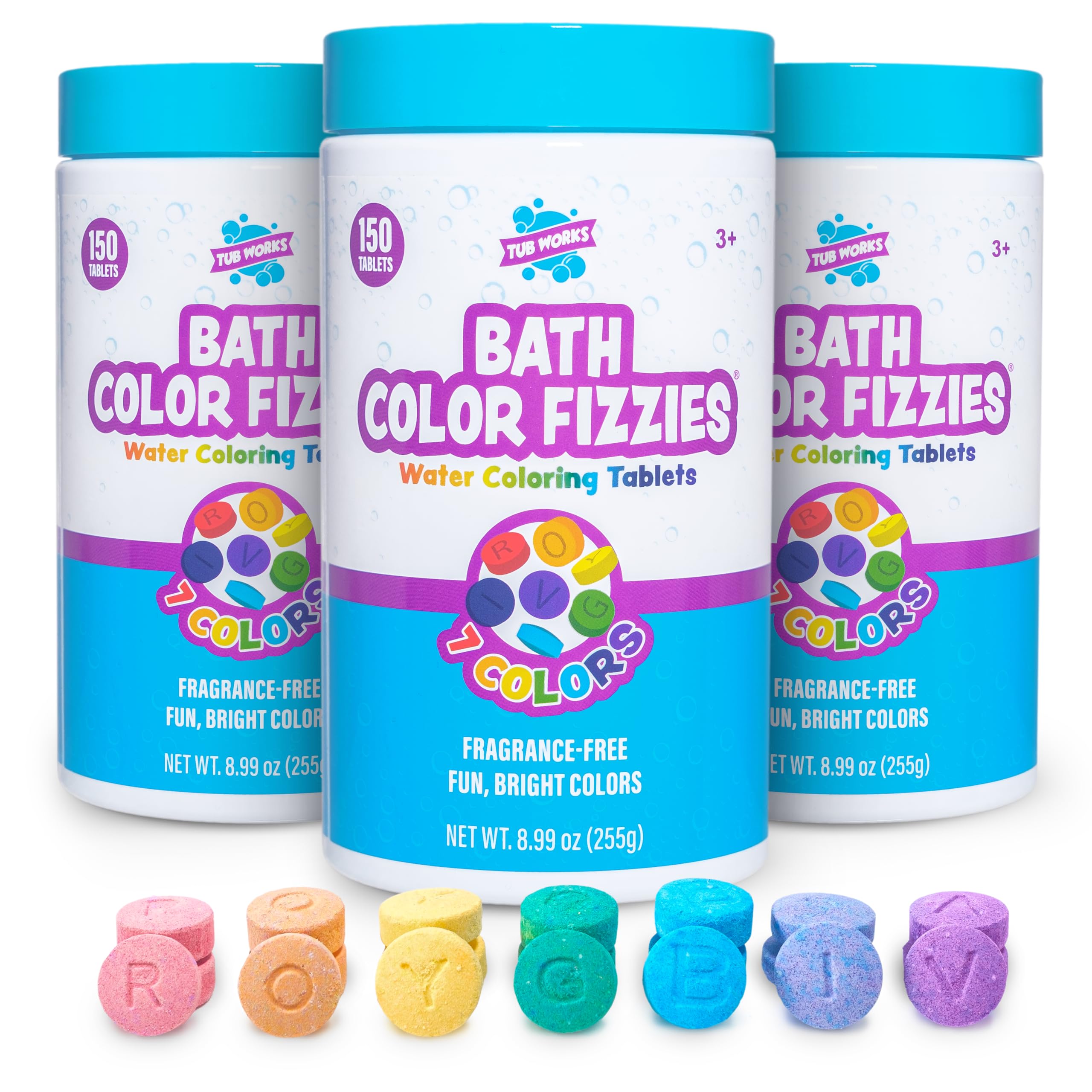 Tub Works Bath Color Fizzies, 150 Count, 3-Pack | Non-Toxic & Fragrance-Free Color Bath Tablets