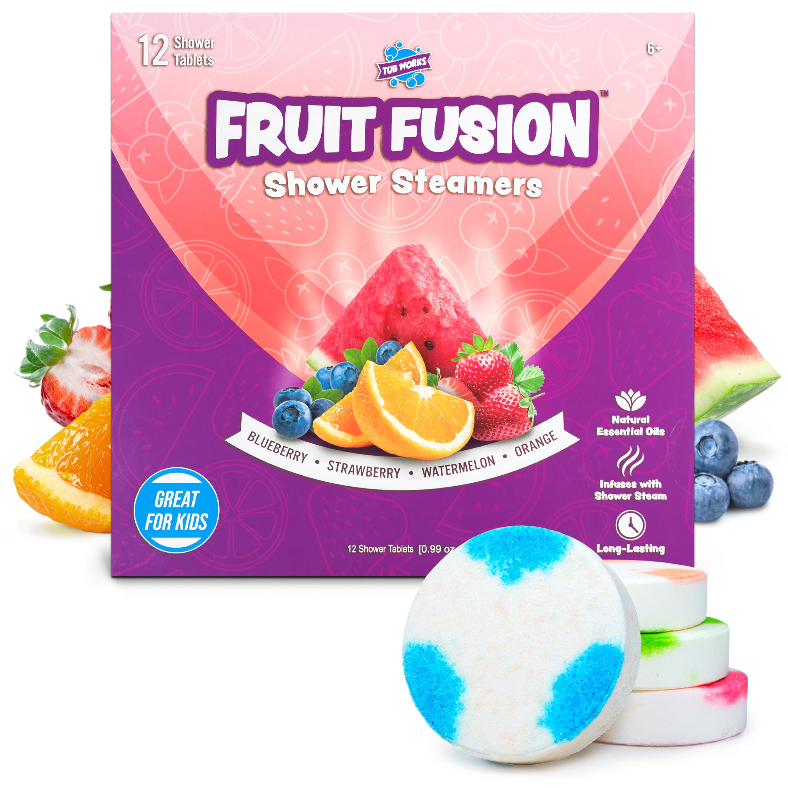 Tub Works Fruit Fusion Shower Steamers – 12 Pack for Kids | Fresh, Fruity Aromatherapy