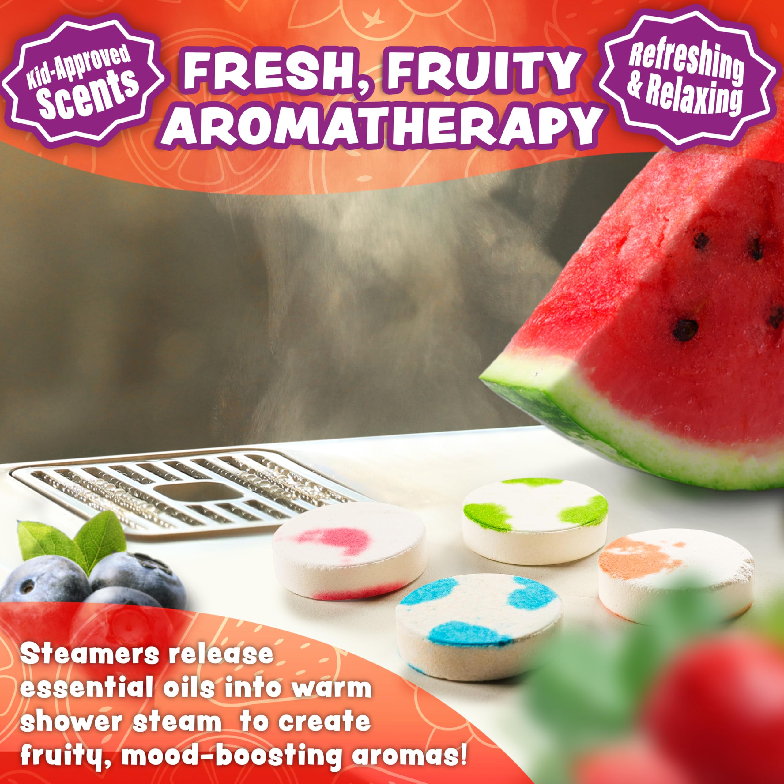 Tub Works Fruit Fusion Shower Steamers – 12 Pack for Kids | Fresh, Fruity Aromatherapy