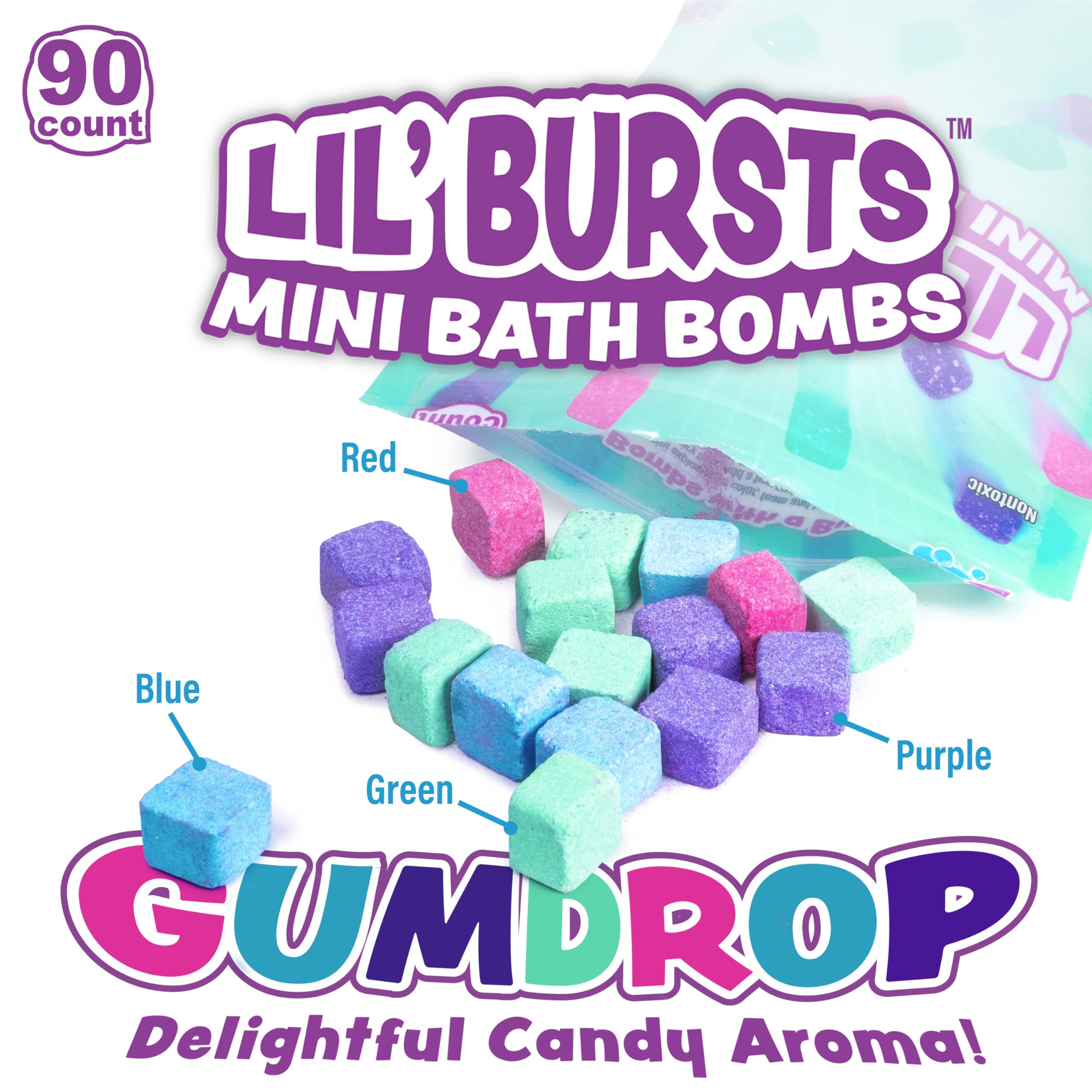 Tub Works Lil' Bursts Mini Bath Bombs for Kids – 90 Count, Gumdrop, Non-Toxic Foam & Color