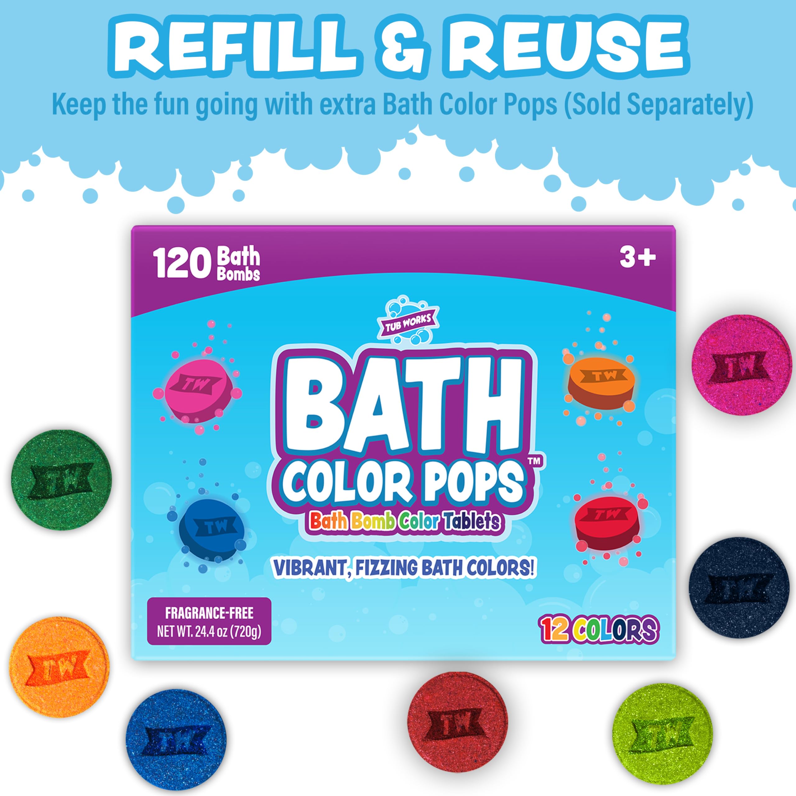 Tub Works Bath Color Brush Kids Bath Bomb Set – Nontoxic & Fragrance-Free | Paint Water with Vibrant Colors