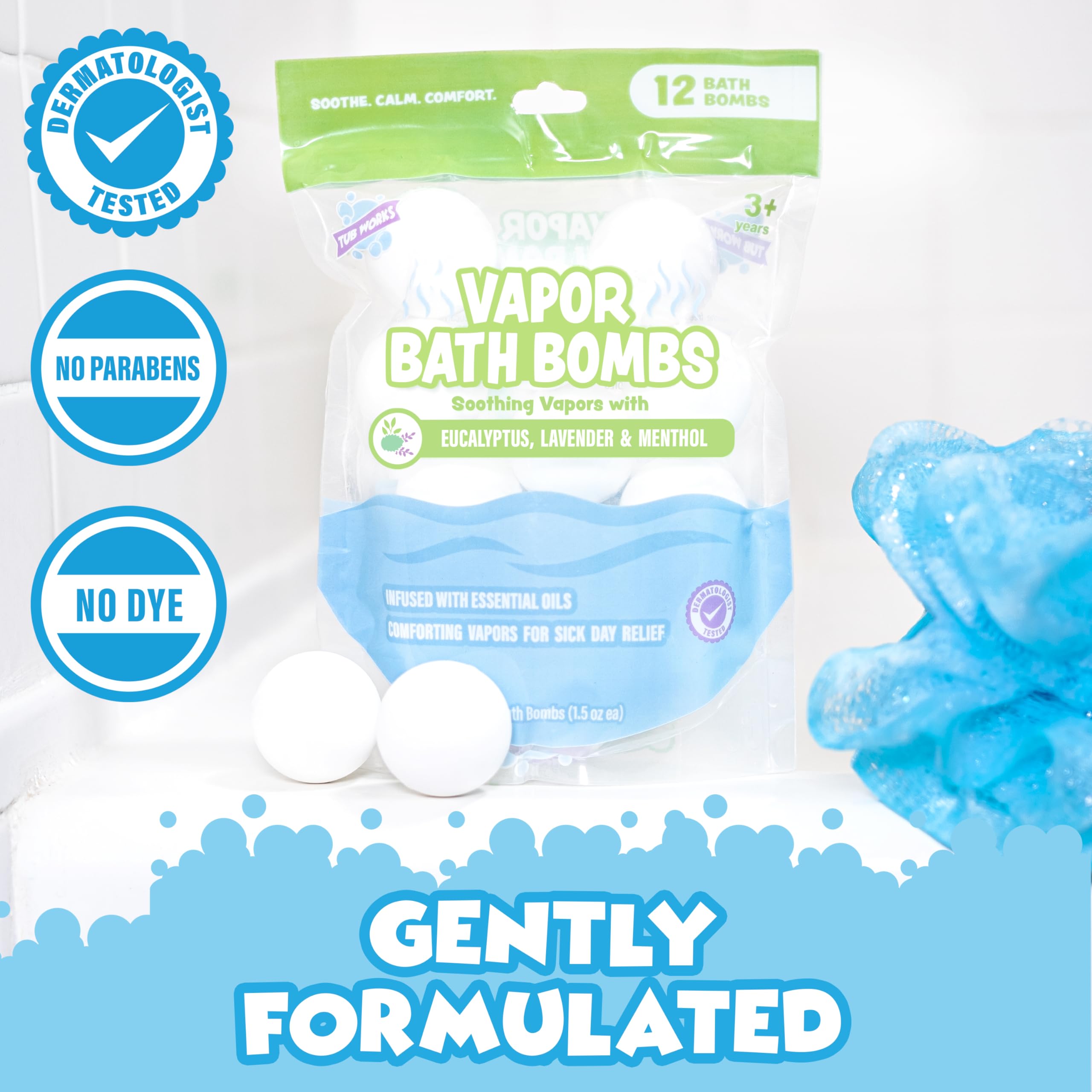 Tub Works Vapor Bath Bombs for Toddlers & Kids – 12 Pack | Eucalyptus, Lavender & Menthol Aromatherapy Bath Bombs