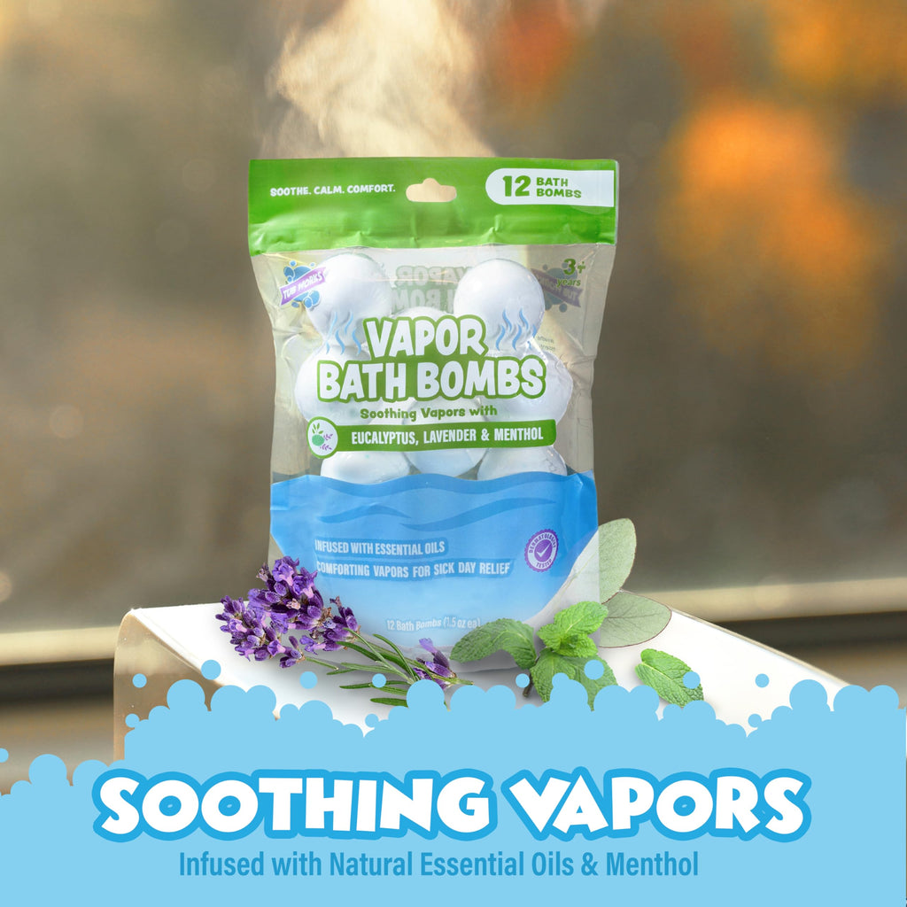 Tub Works Vapor Bath Bombs for Toddlers & Kids – 12 Pack | Eucalyptus, Lavender & Menthol Aromatherapy Bath Bombs