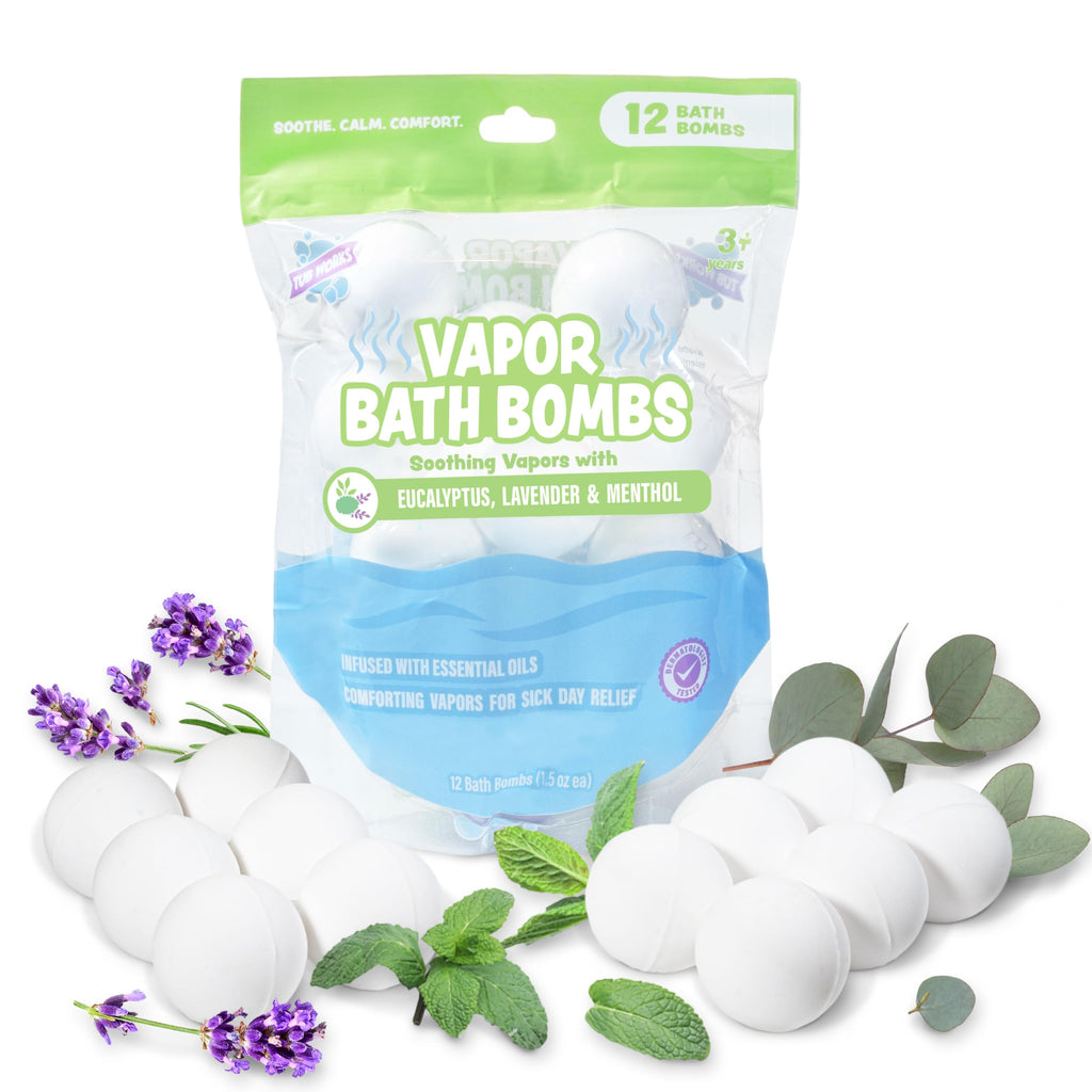 Tub Works Vapor Bath Bombs for Toddlers & Kids – 12 Pack | Eucalyptus, Lavender & Menthol Aromatherapy Bath Bombs