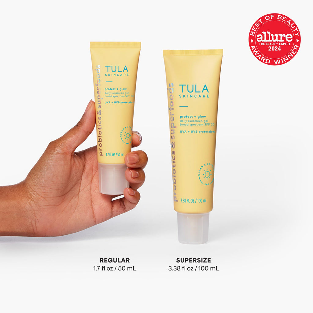 TULA Protect + Glow Daily Sunscreen Gel SPF 30 – Non-Greasy, Reef-Safe, Supersize 3.38 oz