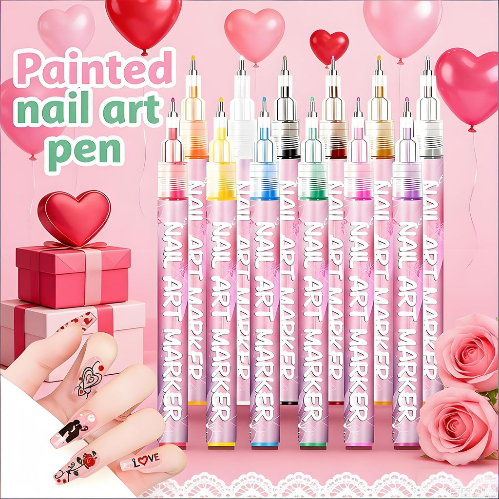 TUONU Valentines Day Nail Art Pens Set – 12 Colors, 0.5mm Tips for Kids