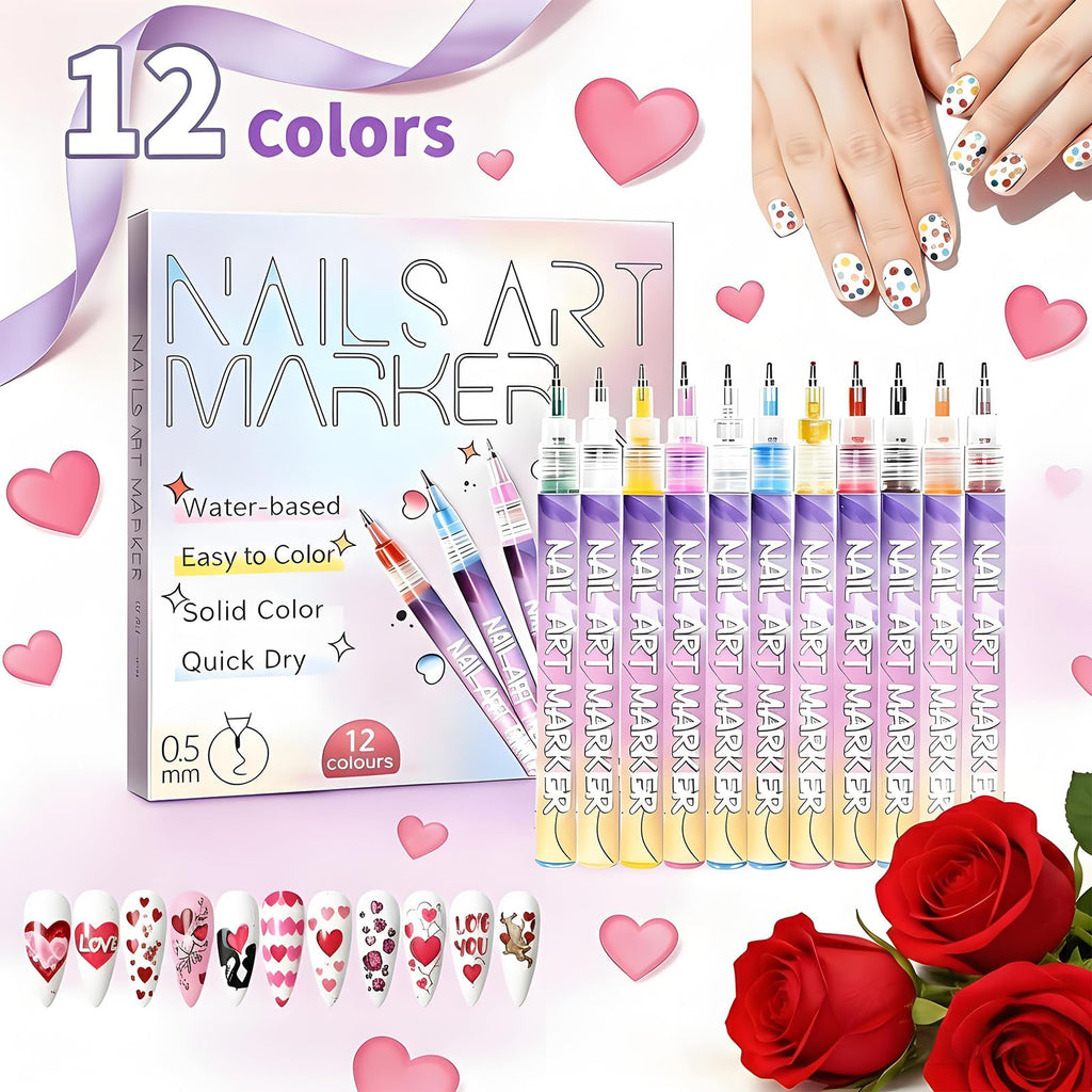 TUONU Valentines Day Nail Art Pens Set – 12 Colors, 0.5mm Tips for Kids