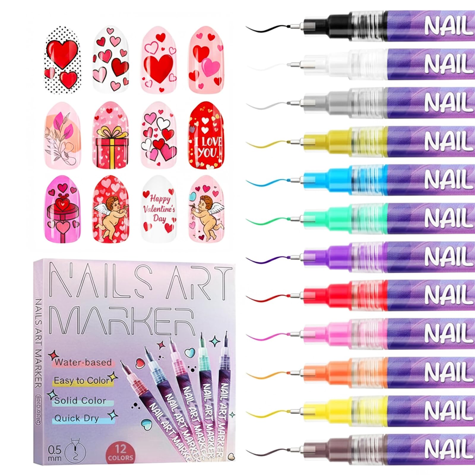 TUONU Valentines Day Nail Art Pens Set – 12 Colors, 0.5mm Tips for Kids