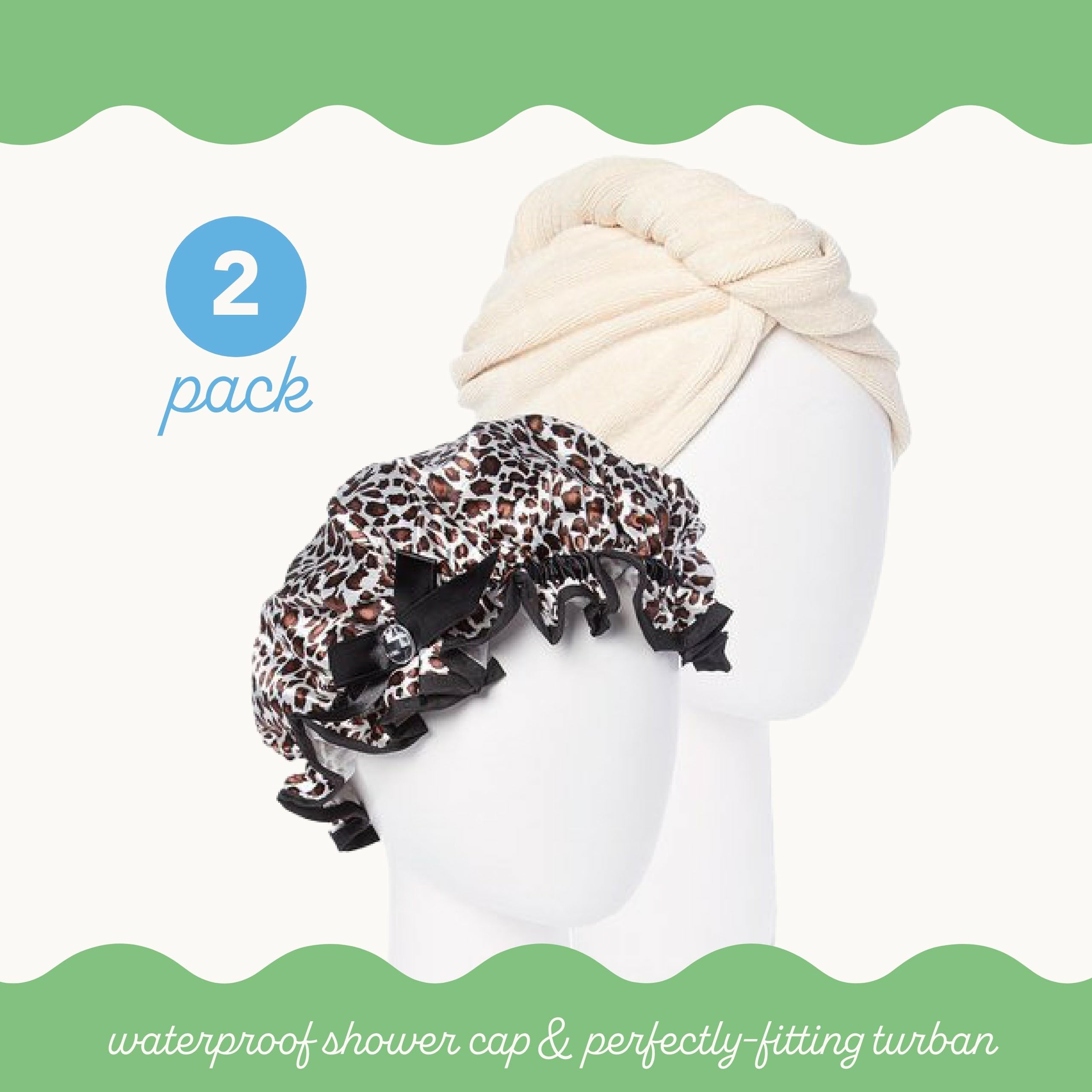 Turbie Twist Microfiber Hair Towel Wrap & Stylin' Shower Cap – Tan & Leopard Print