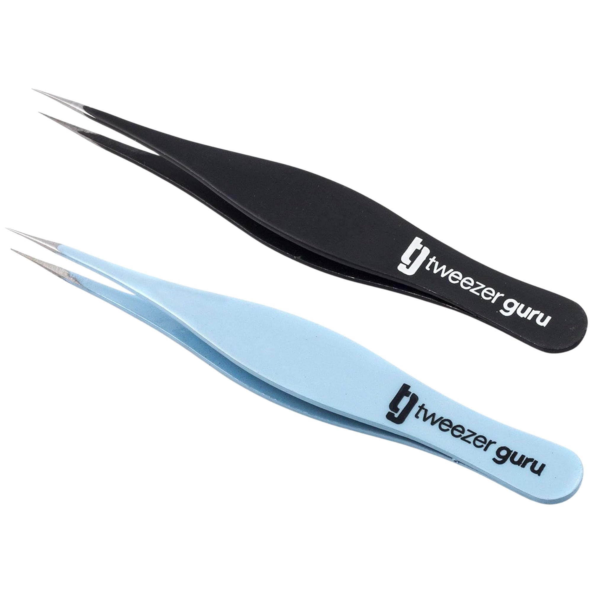Tweezer Guru Ingrown Hair Tweezers – Pointed Precision Eyebrow Set (Black + Sky Blue, 2-Piece)