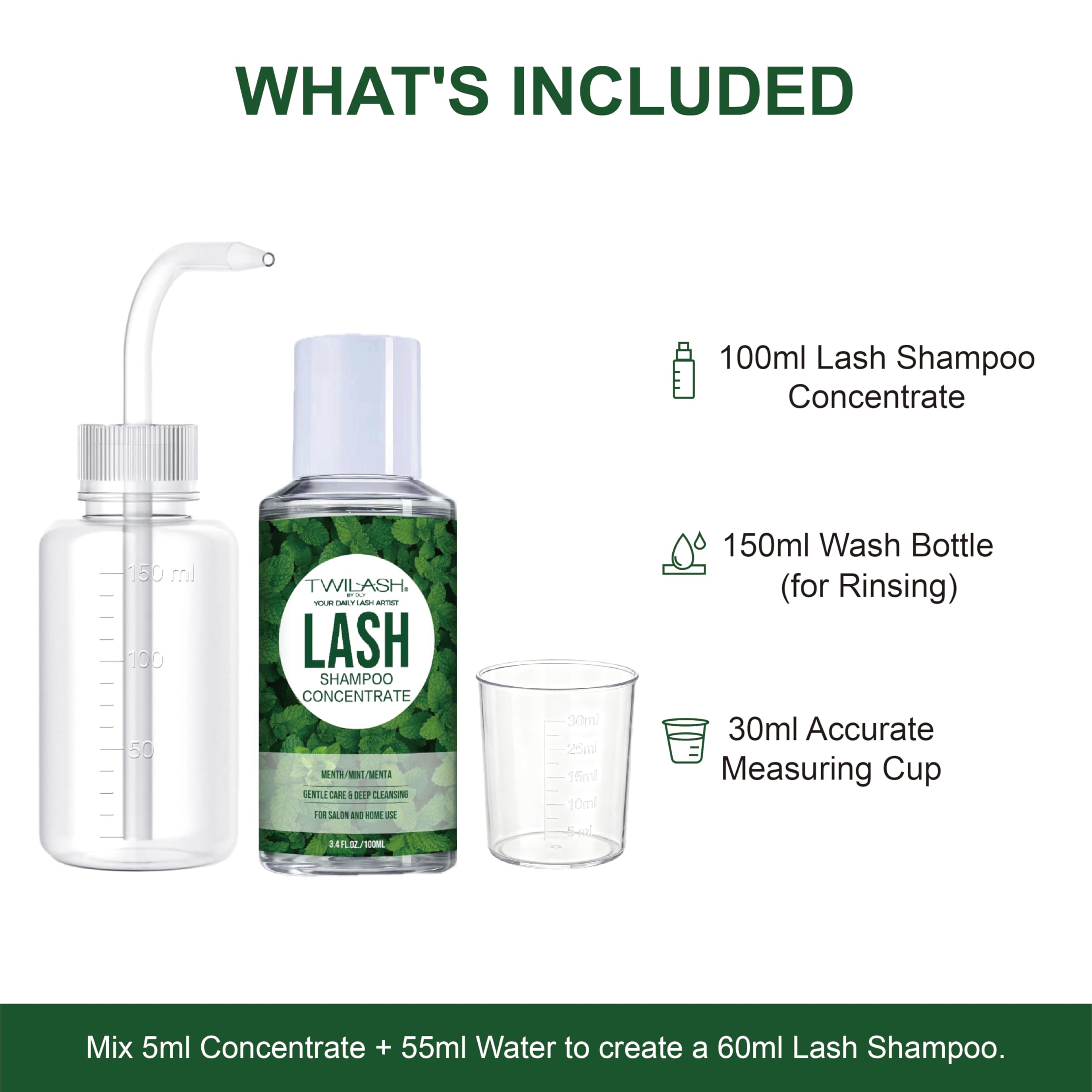 TWILASH by DLY 100ml Lash Shampoo Concentrate Kit – Oil-Free Cleanser for Extensions (Mint)