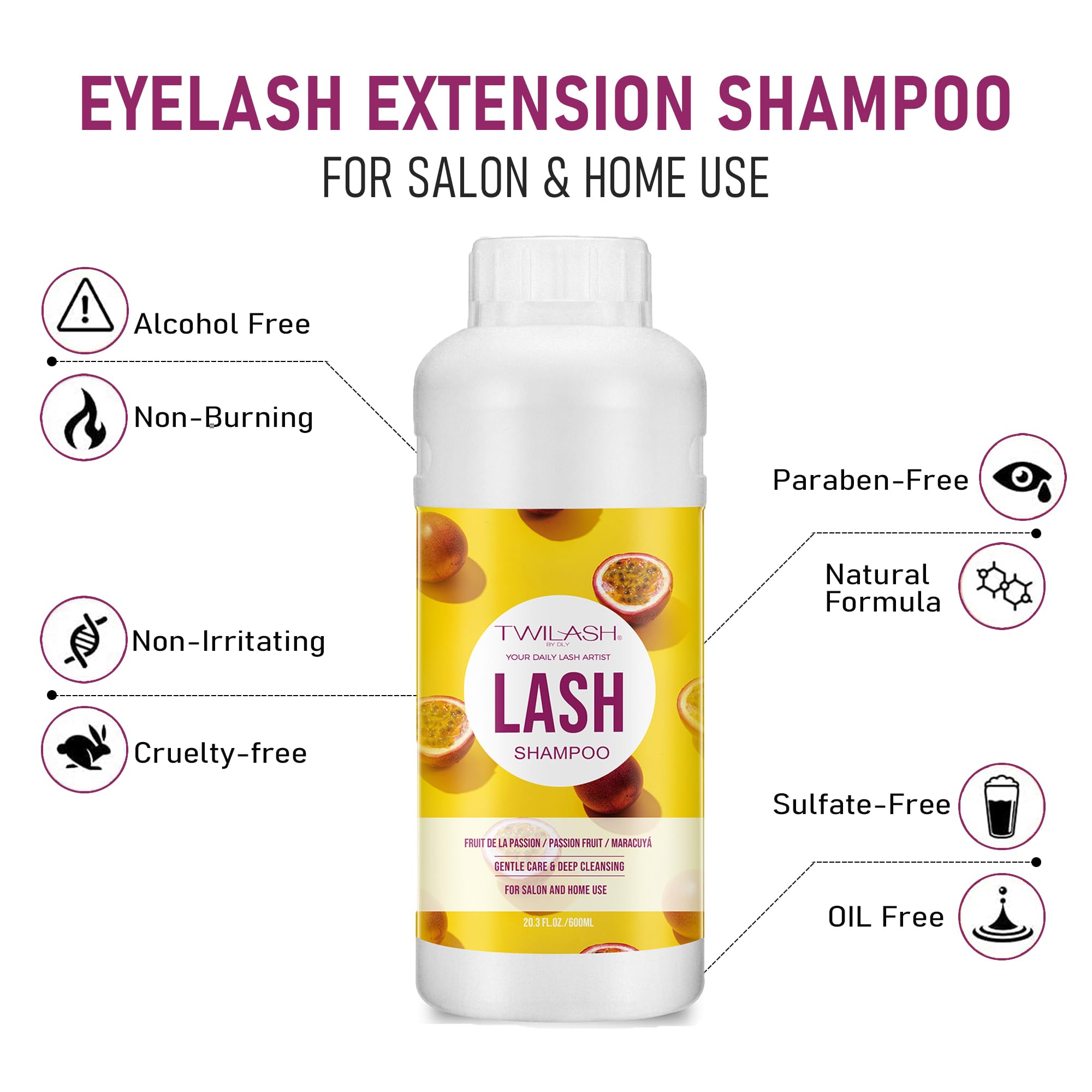 TWILASH BY DLY 600ml Lash Shampoo Bulk – Gentle Eyelash Cleanser for Extensions (Passion Fruit)