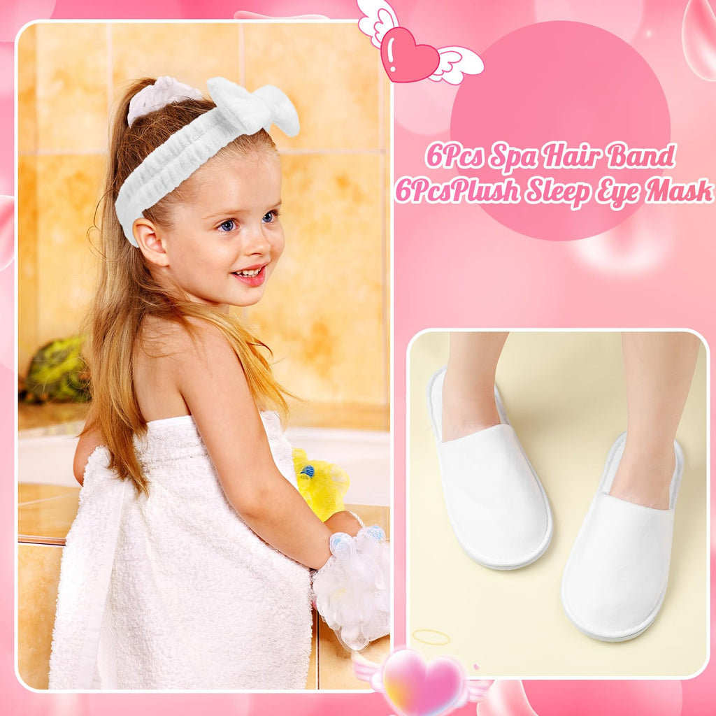 Twistover 12 Pcs Girls Spa Party Supplies | Slippers & Bow Headbands – White