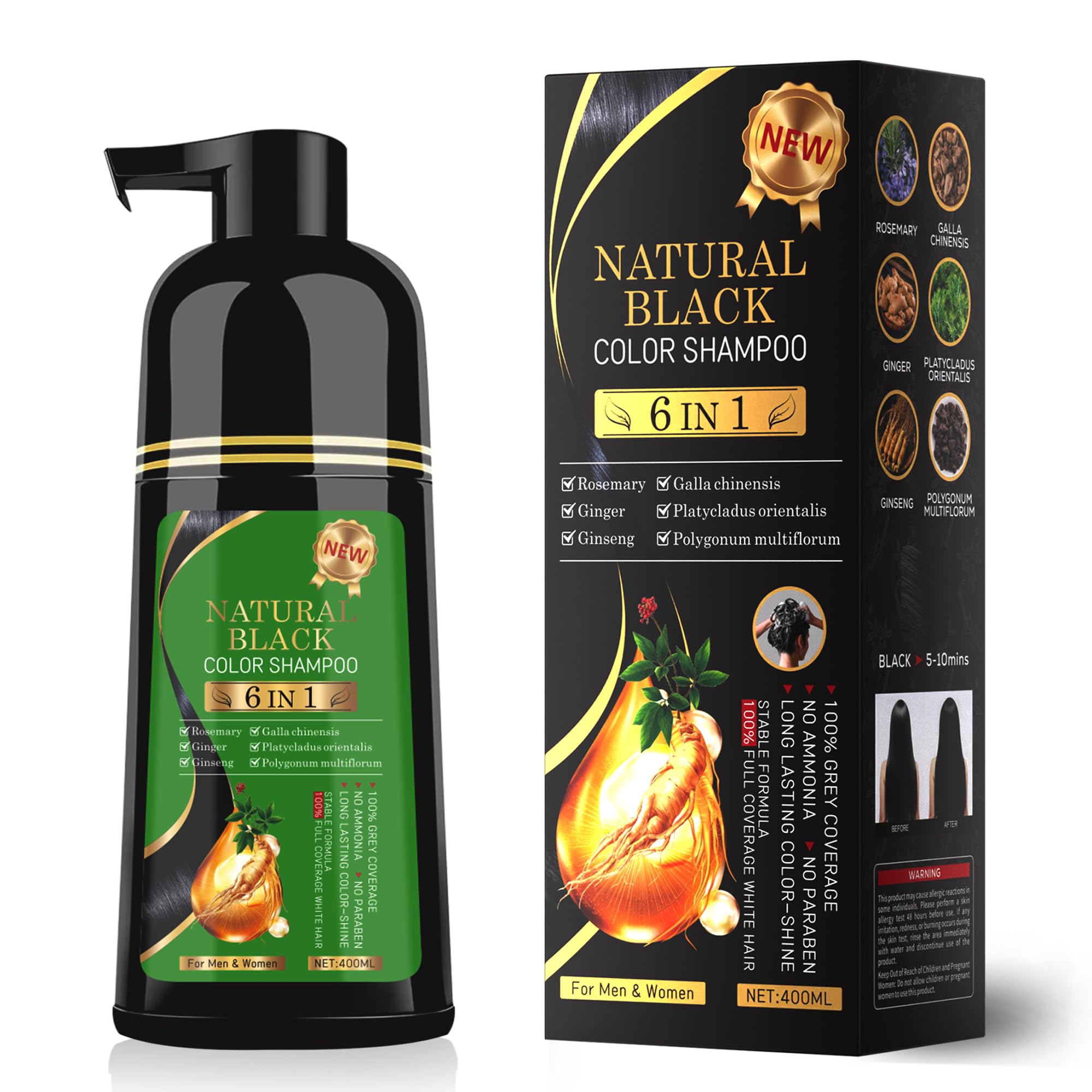 TWMINYUE Black Hair Dye Shampoo - 6-in-1 Natural Herbal Formula for Long-Lasting Grey Coverage