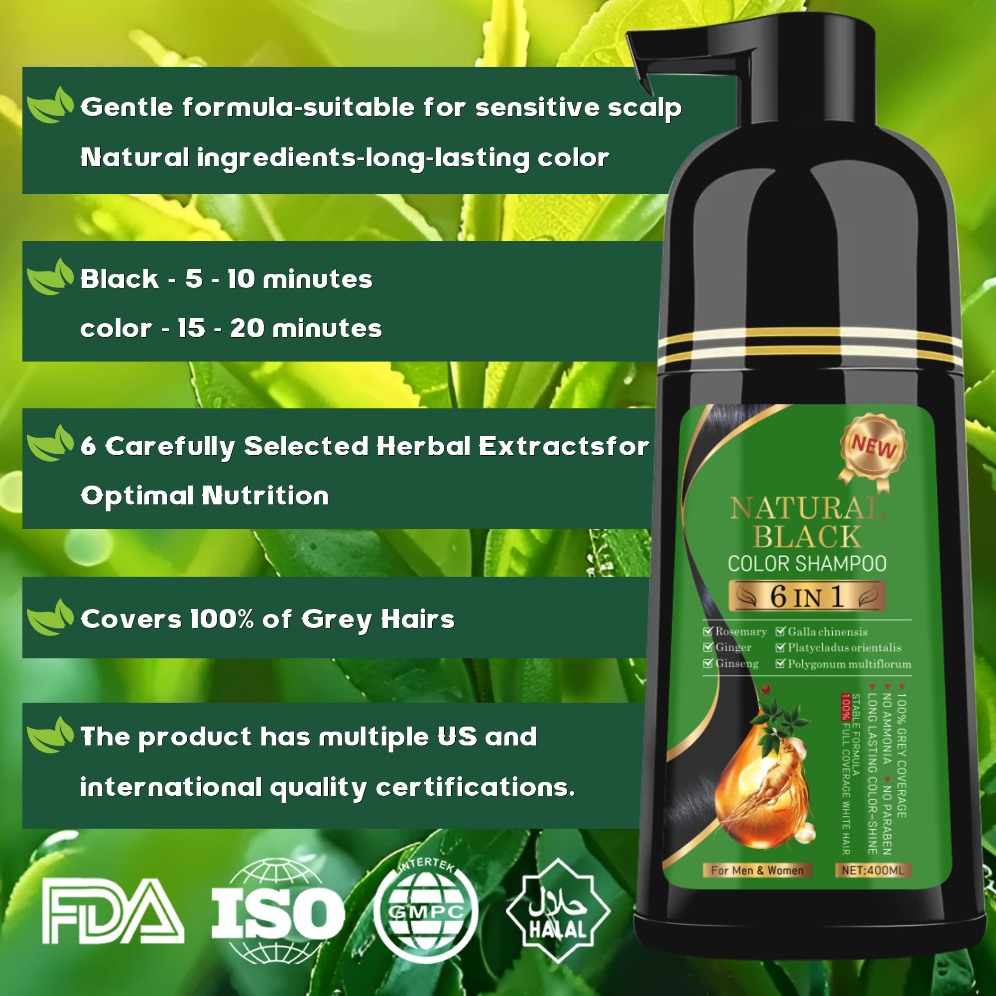 TWMINYUE Black Hair Dye Shampoo - 6-in-1 Natural Herbal Formula for Long-Lasting Grey Coverage