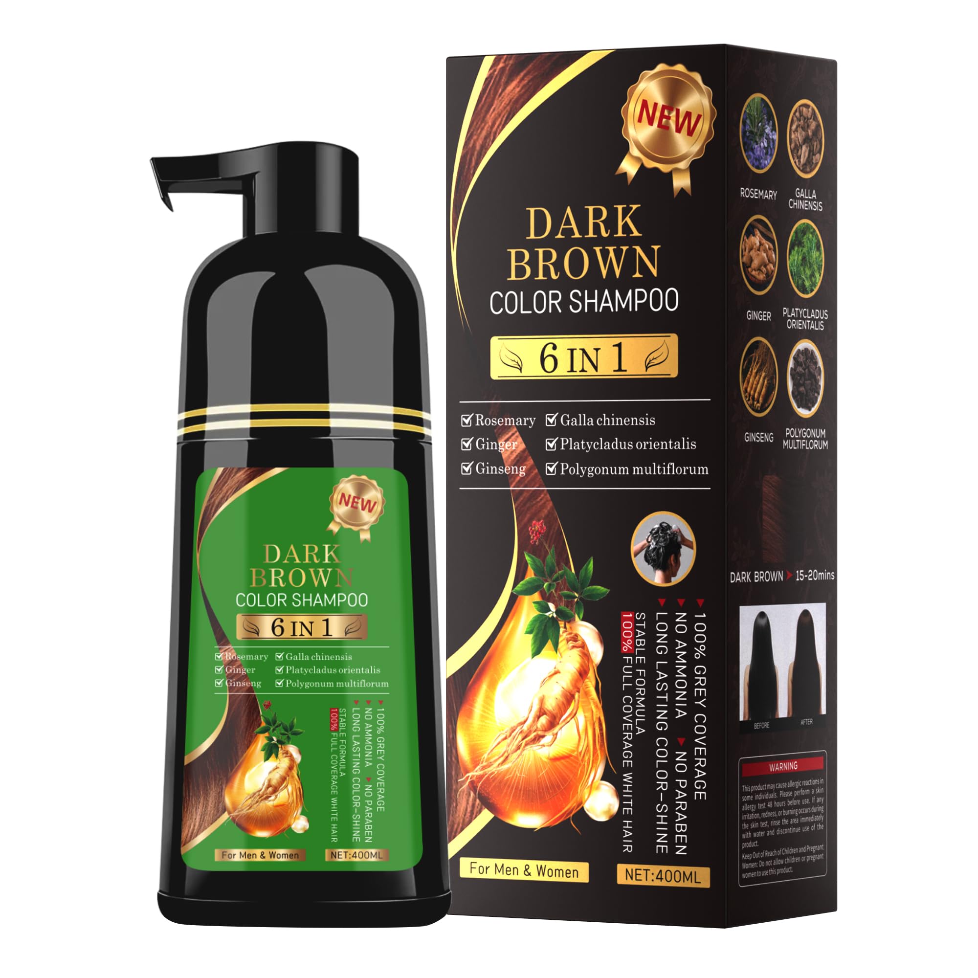 TWMINYUE 6-in-1 Hair Dye Shampoo – Natural Herbal Formula for Dark Brown, Grey Coverage