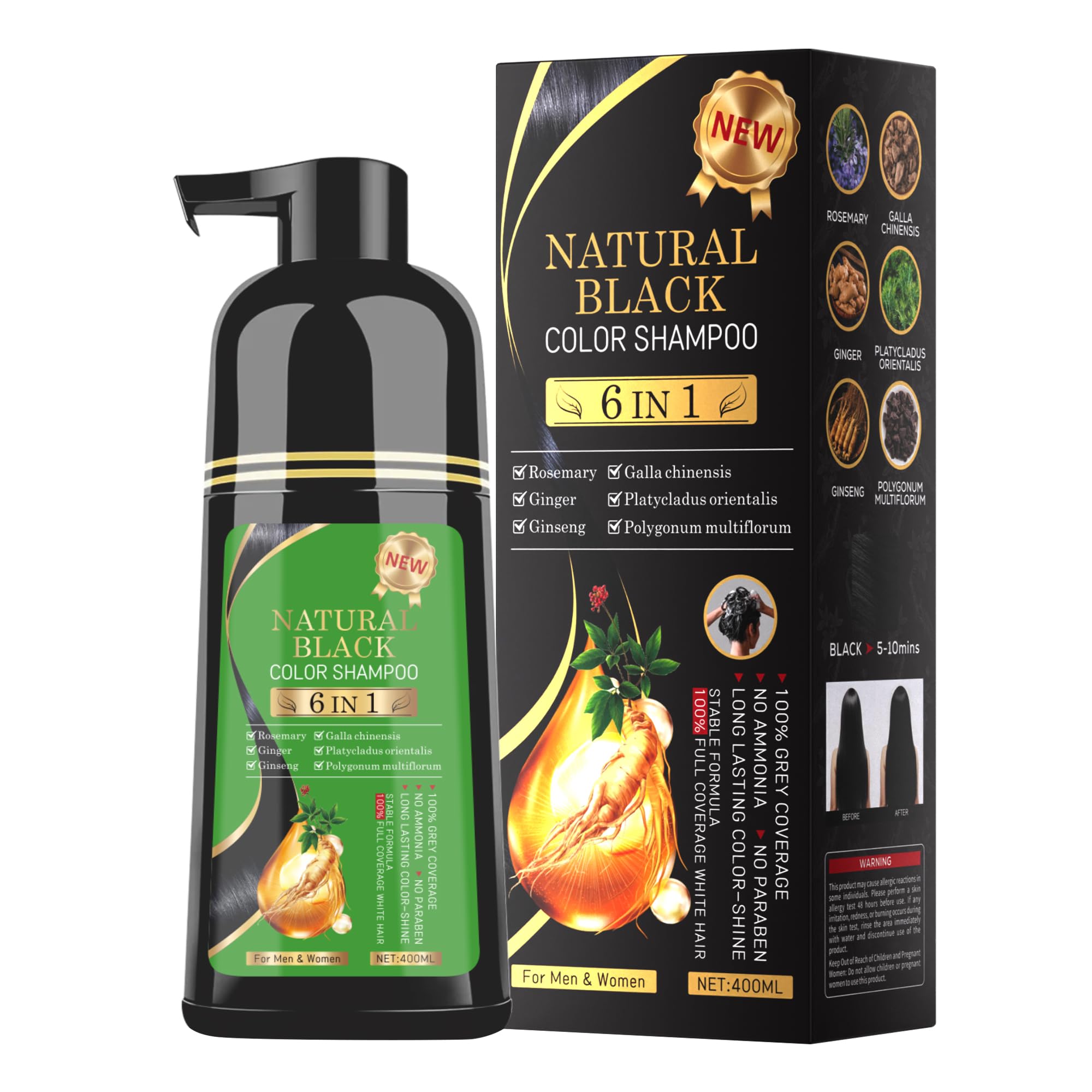 TWMINYUE Black Hair Dye Shampoo - 6-in-1 Natural Herbal Formula for Long-Lasting Grey Coverage