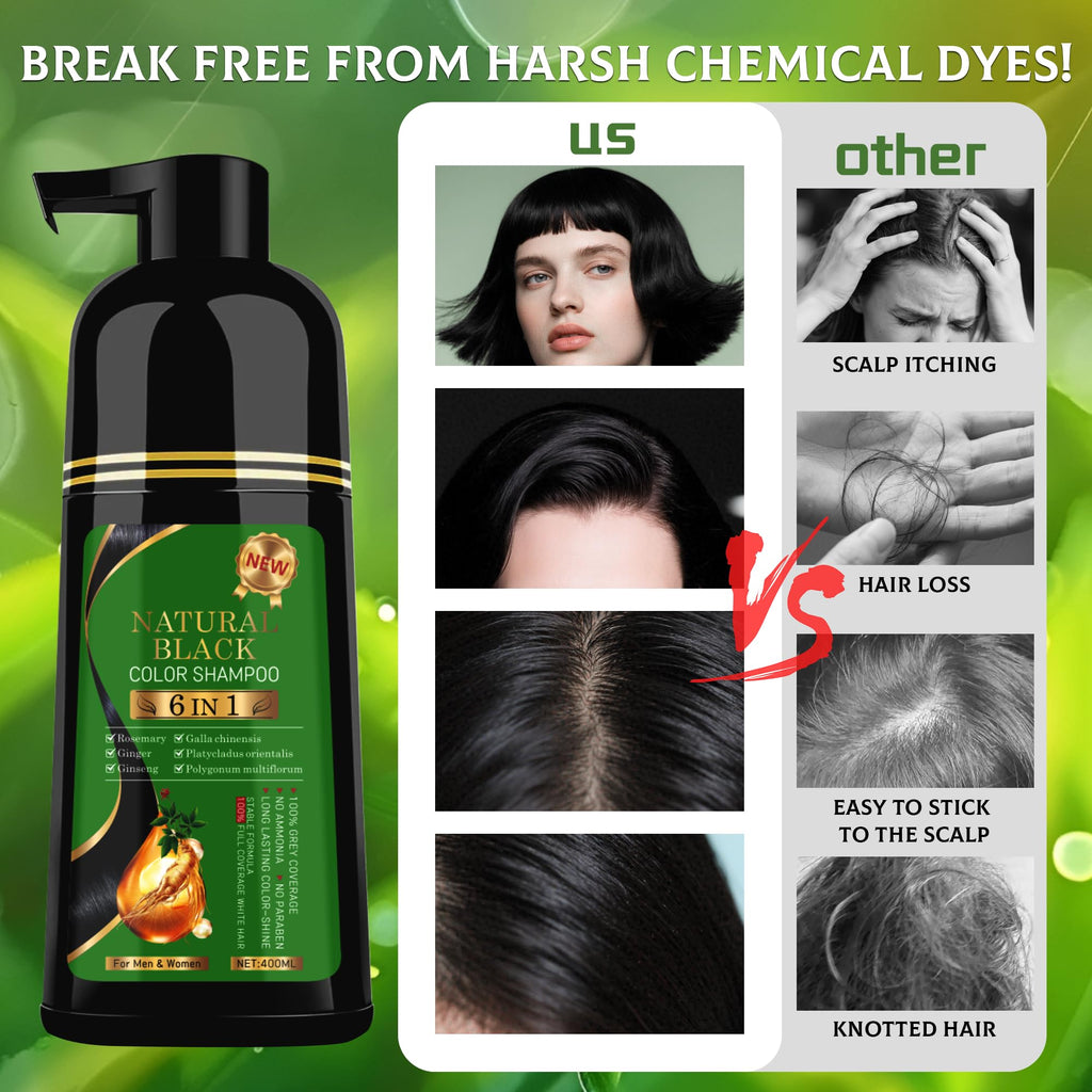 TWMINYUE Black Hair Dye Shampoo - 6-in-1 Natural Herbal Formula for Long-Lasting Grey Coverage