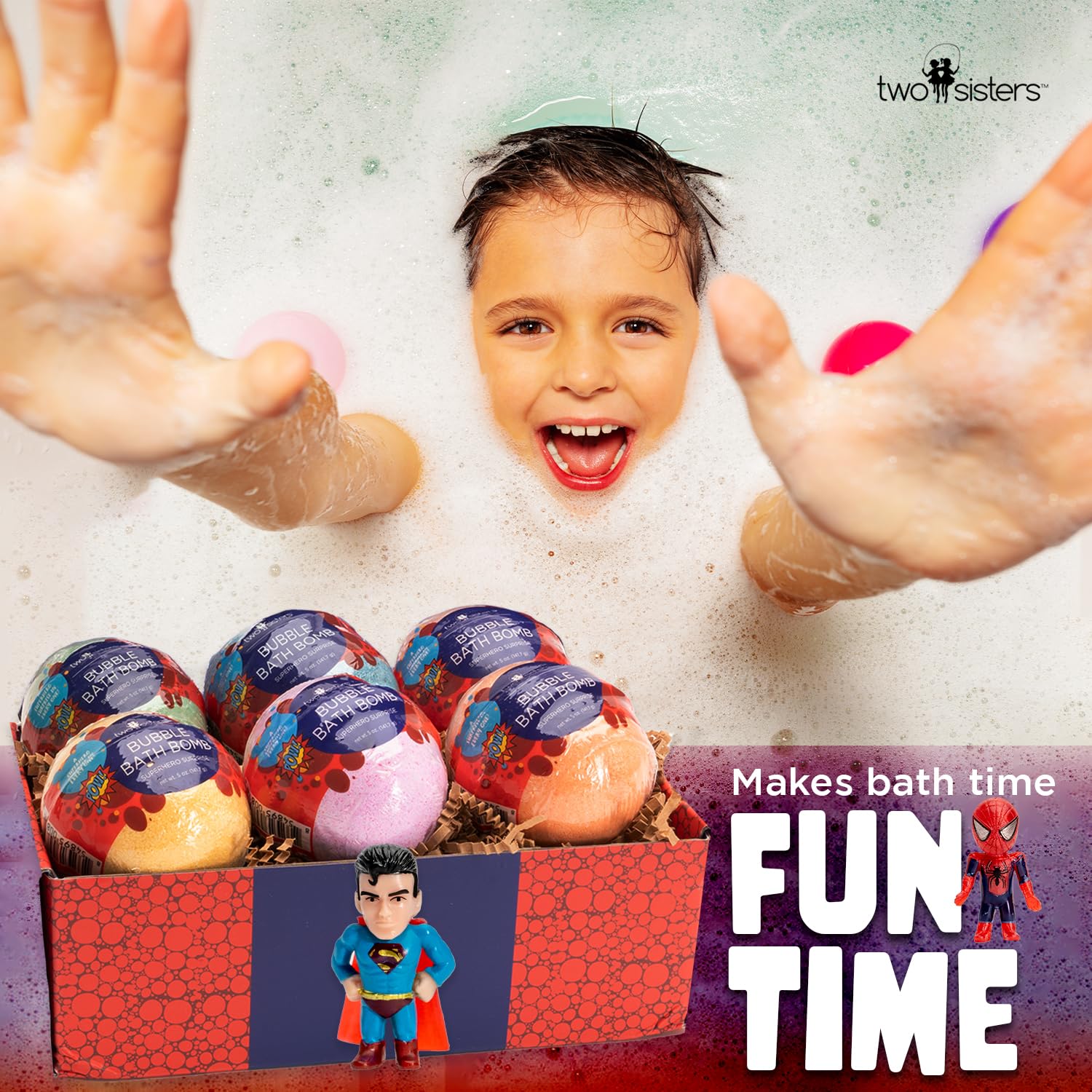 Two Sisters Superhero Bath Bombs for Kids (6 Pack) – Surprise Toys, Fruity Scents, Made in USA