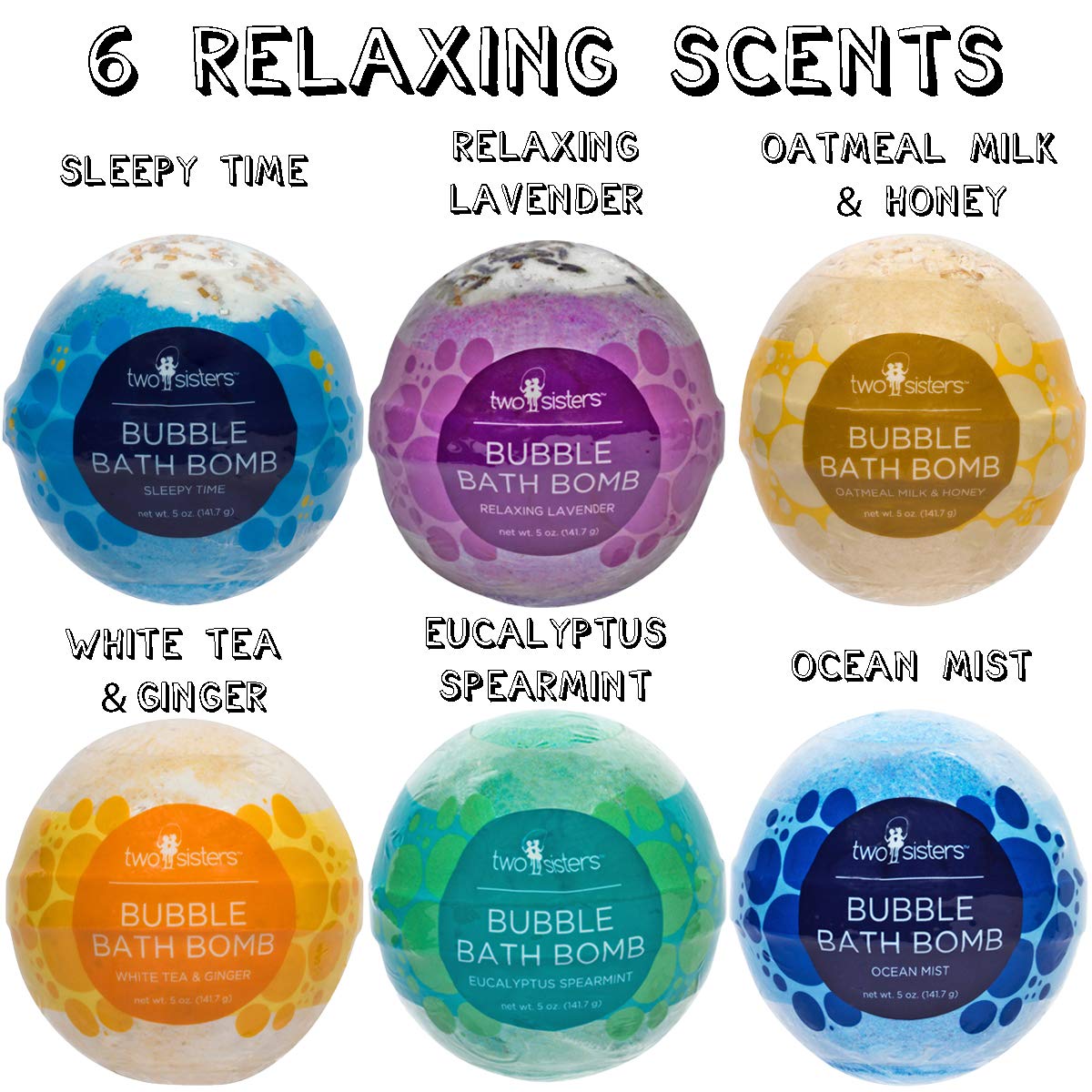 Two Sisters Bubble Bath Bombs (6 Pack) – Relaxing, Moisturizing, USA Made