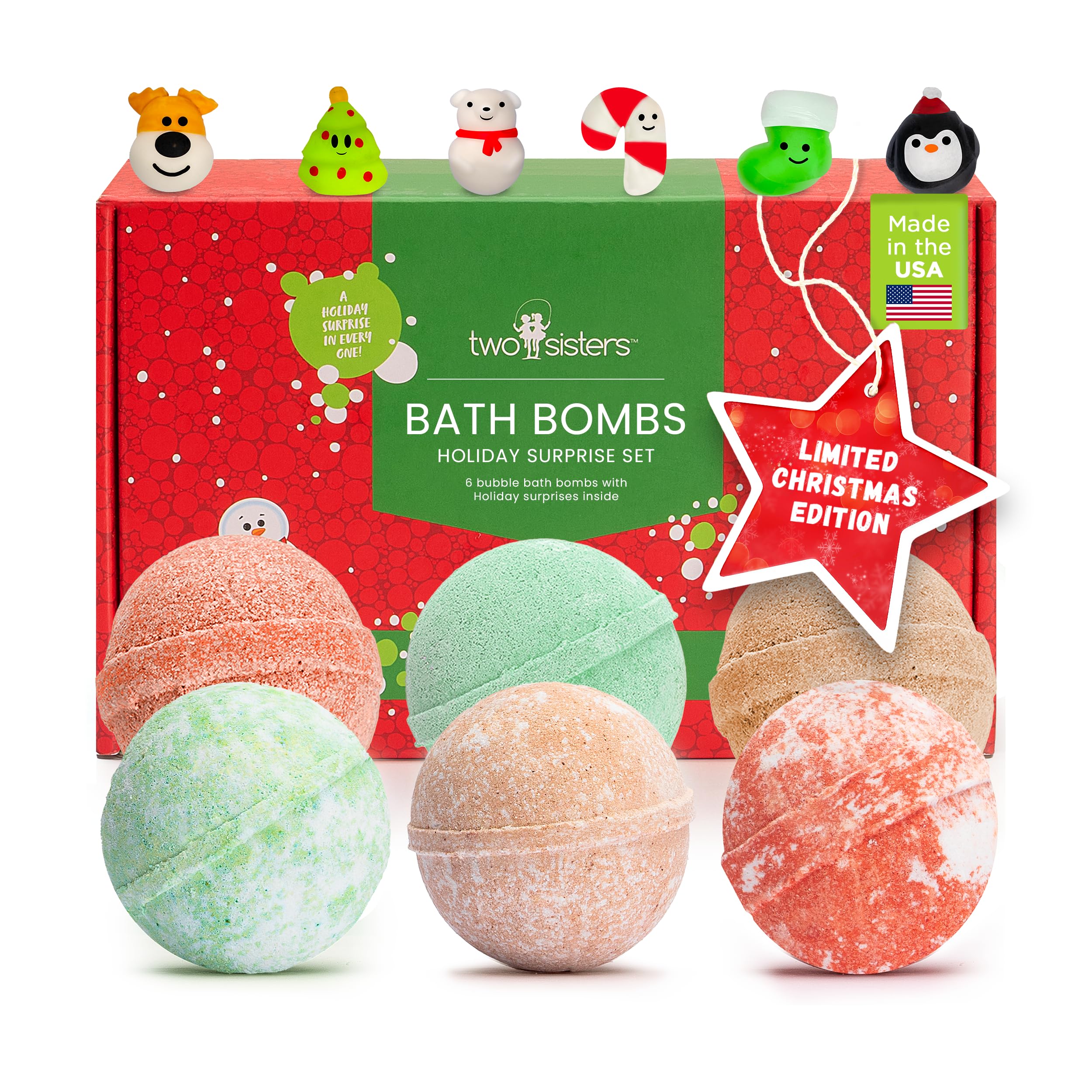 Two Sisters Christmas Bath Bombs for Kids (6-Pack) – Surprise Toys, Festive Scents, USA Made
