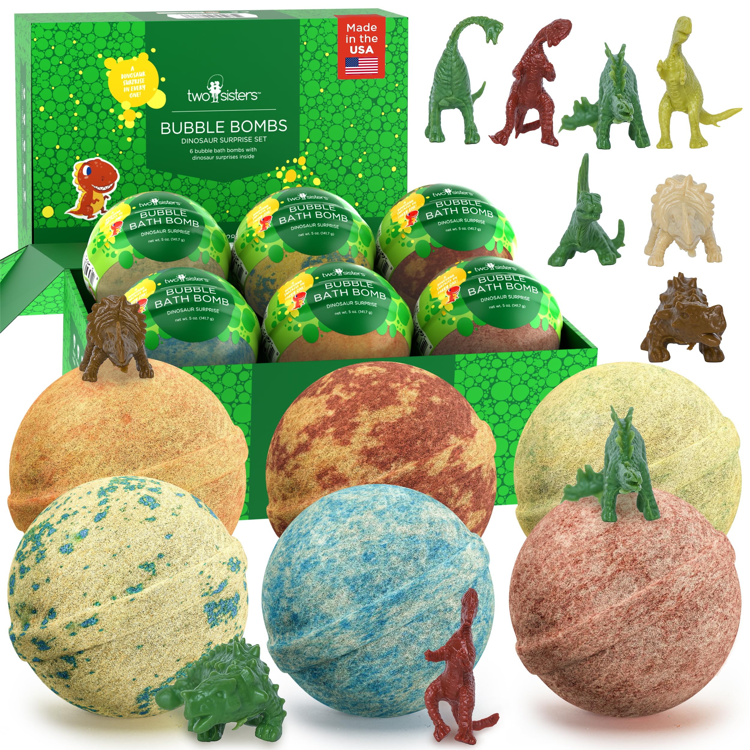 Two Sisters Dinosaur Bath Bombs (6 Pack) – USA Made, Fruity Scents, Toy Inside