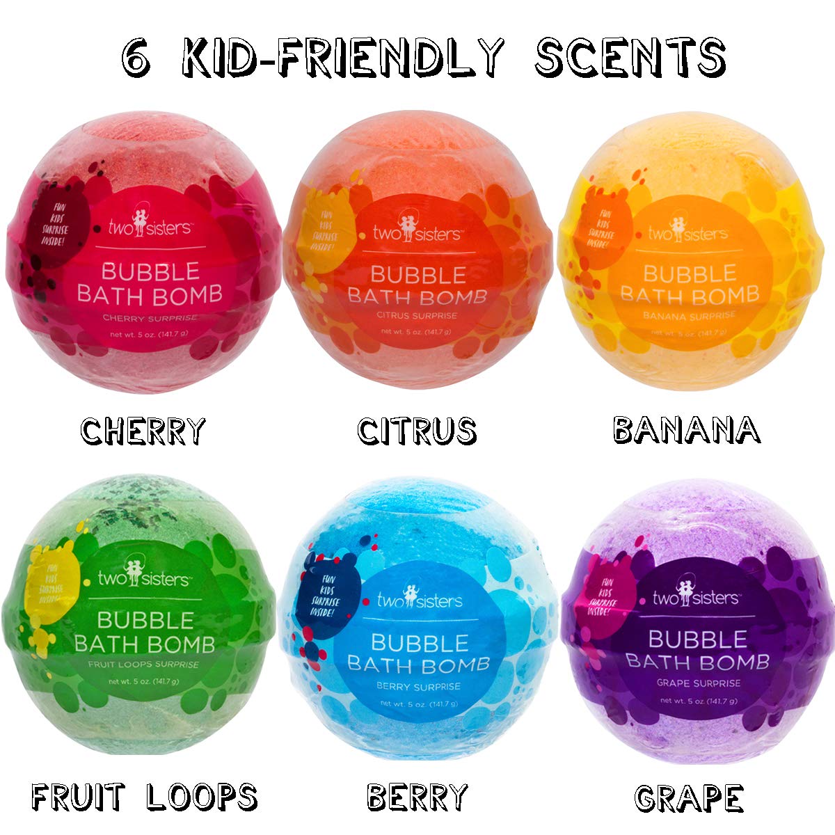 Two Sisters Kids Bath Bombs with Surprise Toys Inside (6 Pack) – Colorful Bubbles, Moisturizing & Tub-Safe, USA Made
