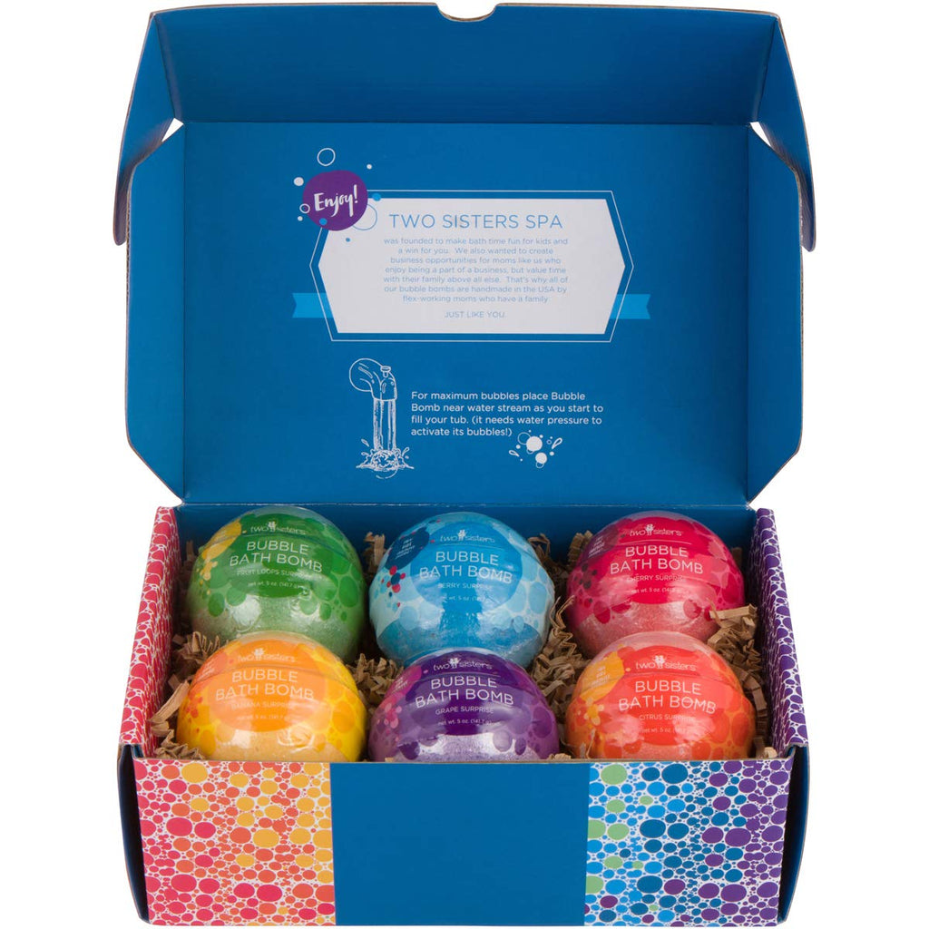 Two Sisters Kids Bath Bombs with Surprise Toys Inside (6 Pack) – Colorful Bubbles, Moisturizing & Tub-Safe, USA Made