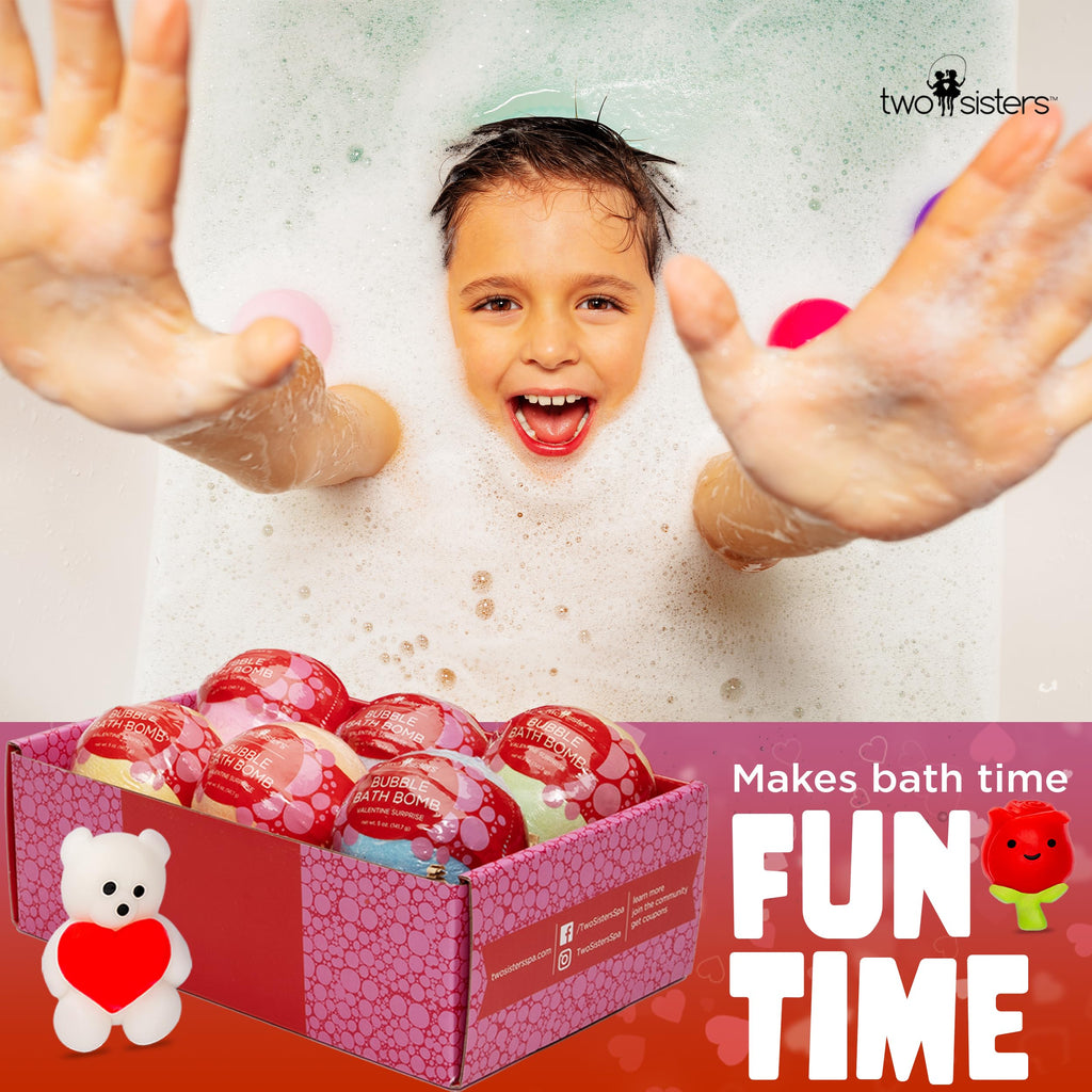Two Sisters Valentines Bath Bombs for Kids – 6 Pack with Surprise Heart Toys Inside