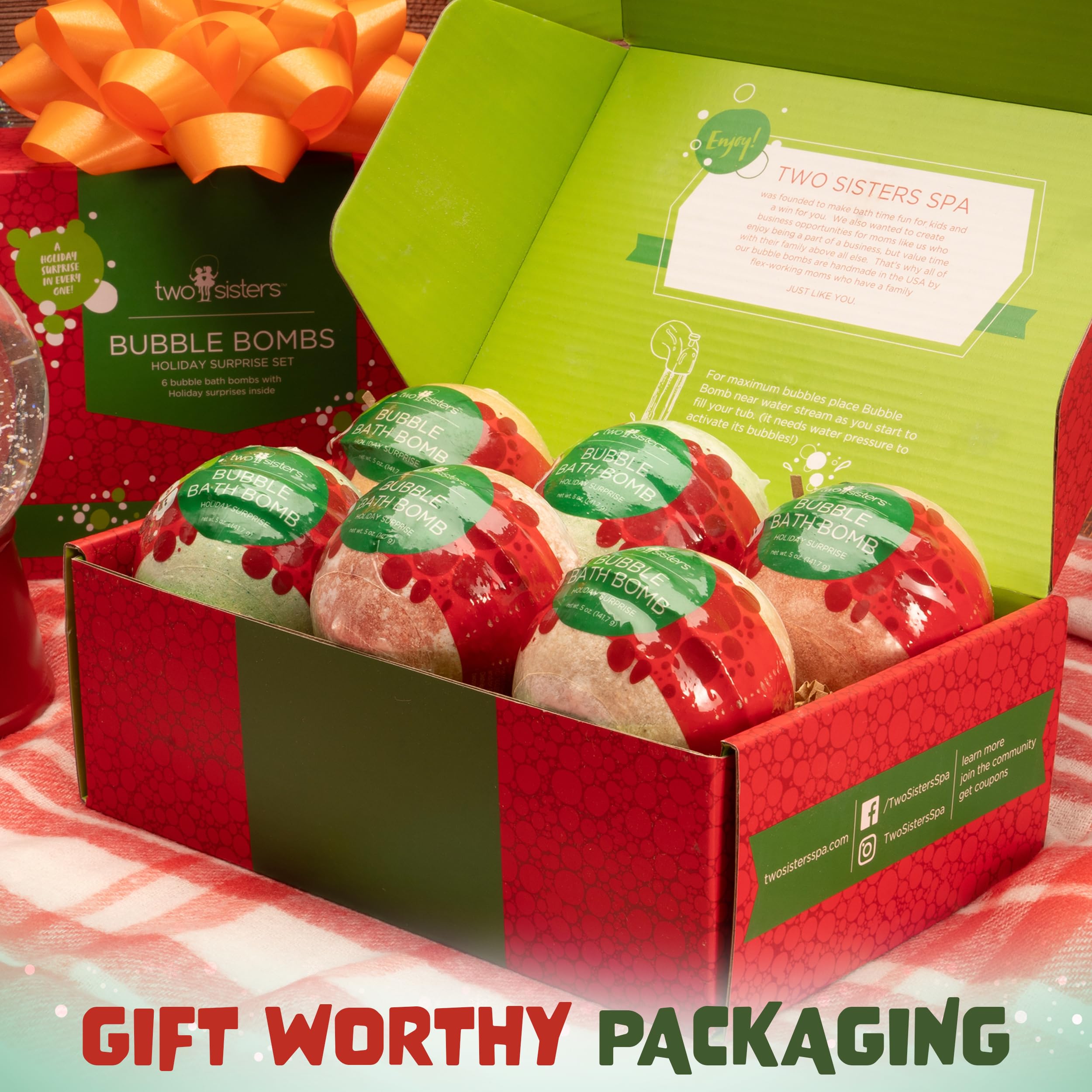 Two Sisters Christmas Bath Bombs for Kids (6-Pack) – Surprise Toys, Festive Scents, USA Made