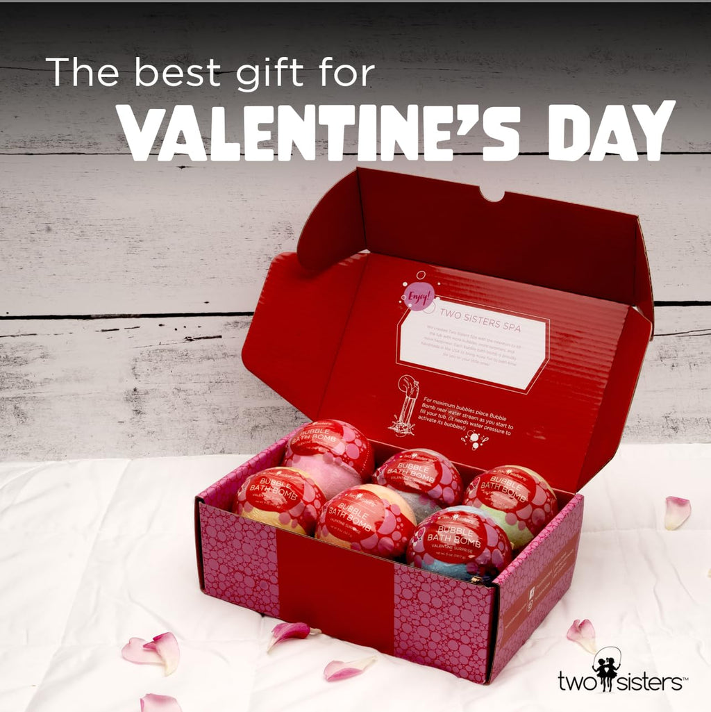 Two Sisters Valentines Bath Bombs for Kids – 6 Pack with Surprise Heart Toys Inside