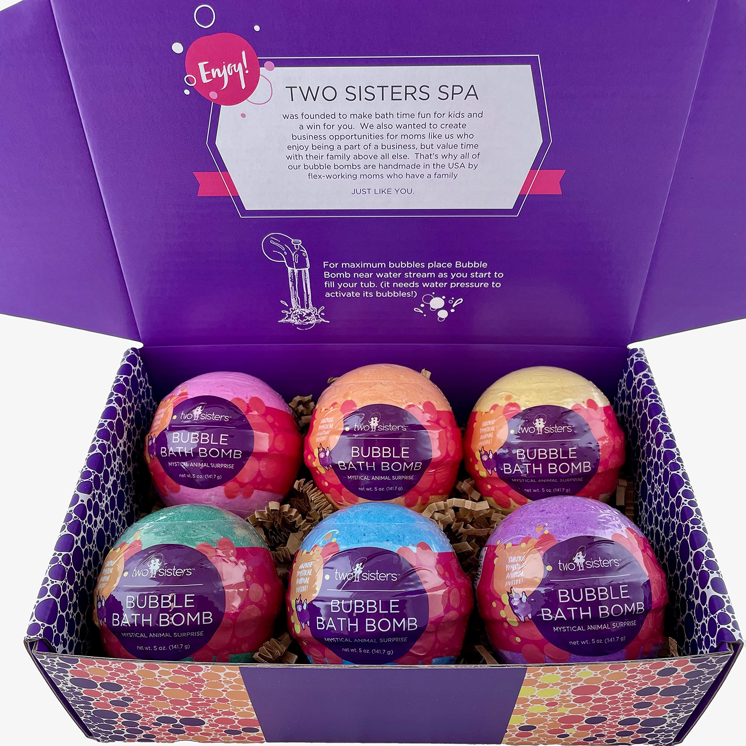 Two Sisters Mystical Bath Bombs (6 Pack) with Surprise Toys Inside – Fruity Scents, Made in USA