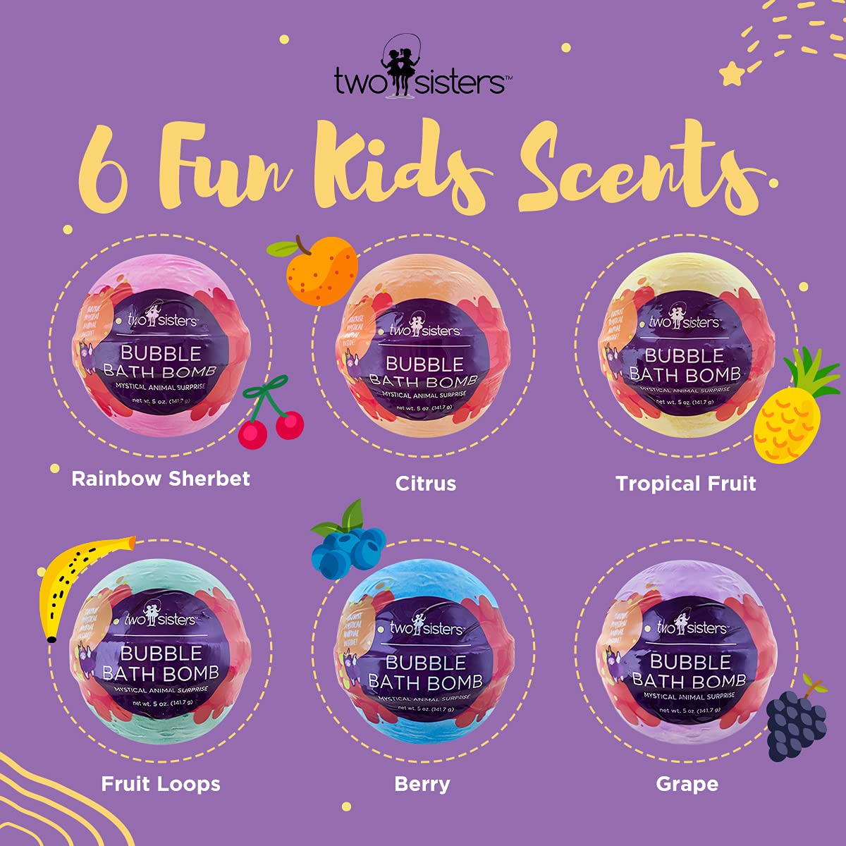 Two Sisters Mystical Bath Bombs (6 Pack) with Surprise Toys Inside – Fruity Scents, Made in USA