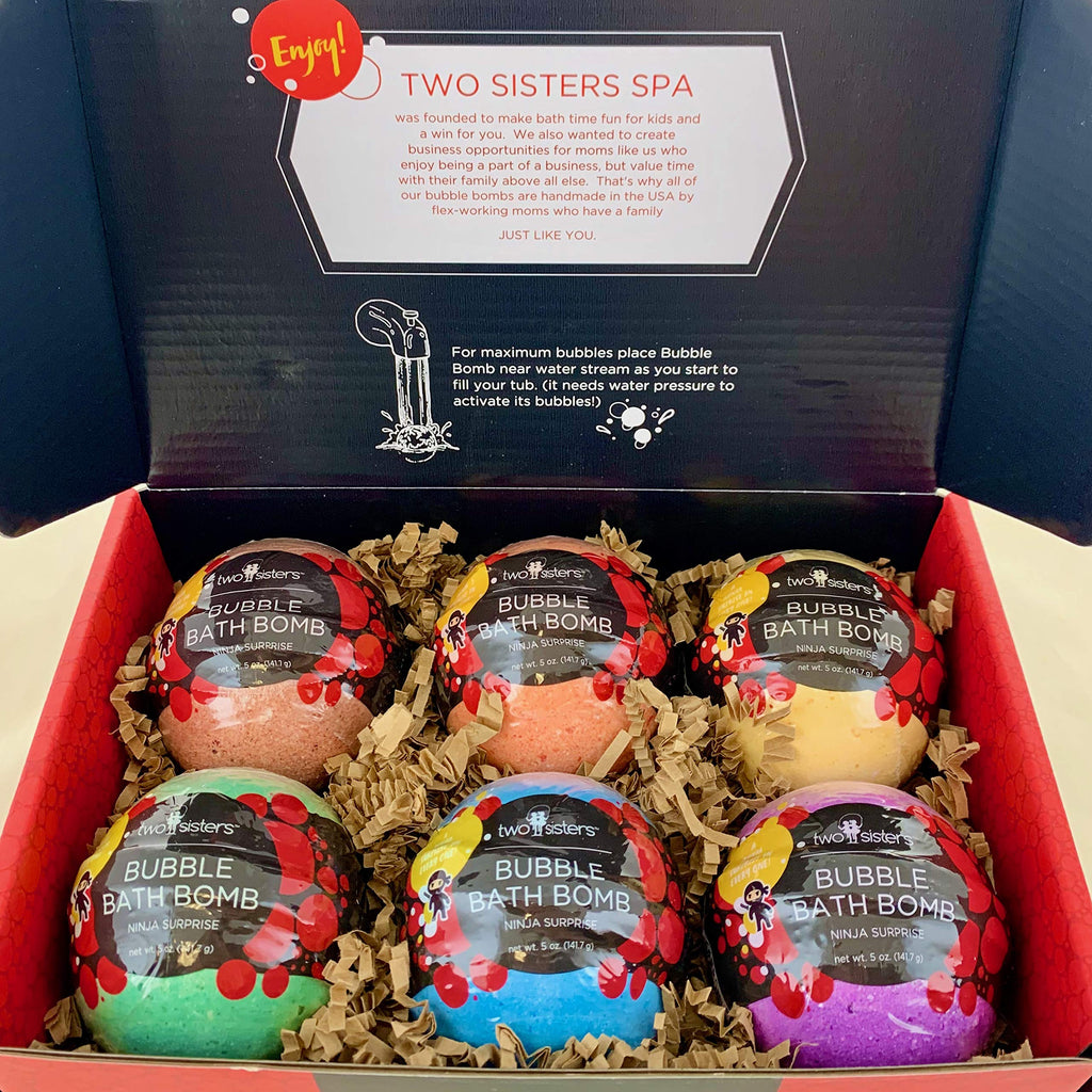Two Sisters Ninja Kids Bath Bombs with Surprise Toy Inside – 6 Pack, Large Red Bubble Bombs, USA Made
