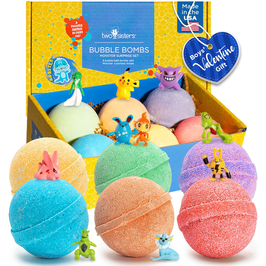 Two Sisters Poke Monster Bath Bombs - 6 Pack with Surprise Inside, Fruity Scents, USA Made