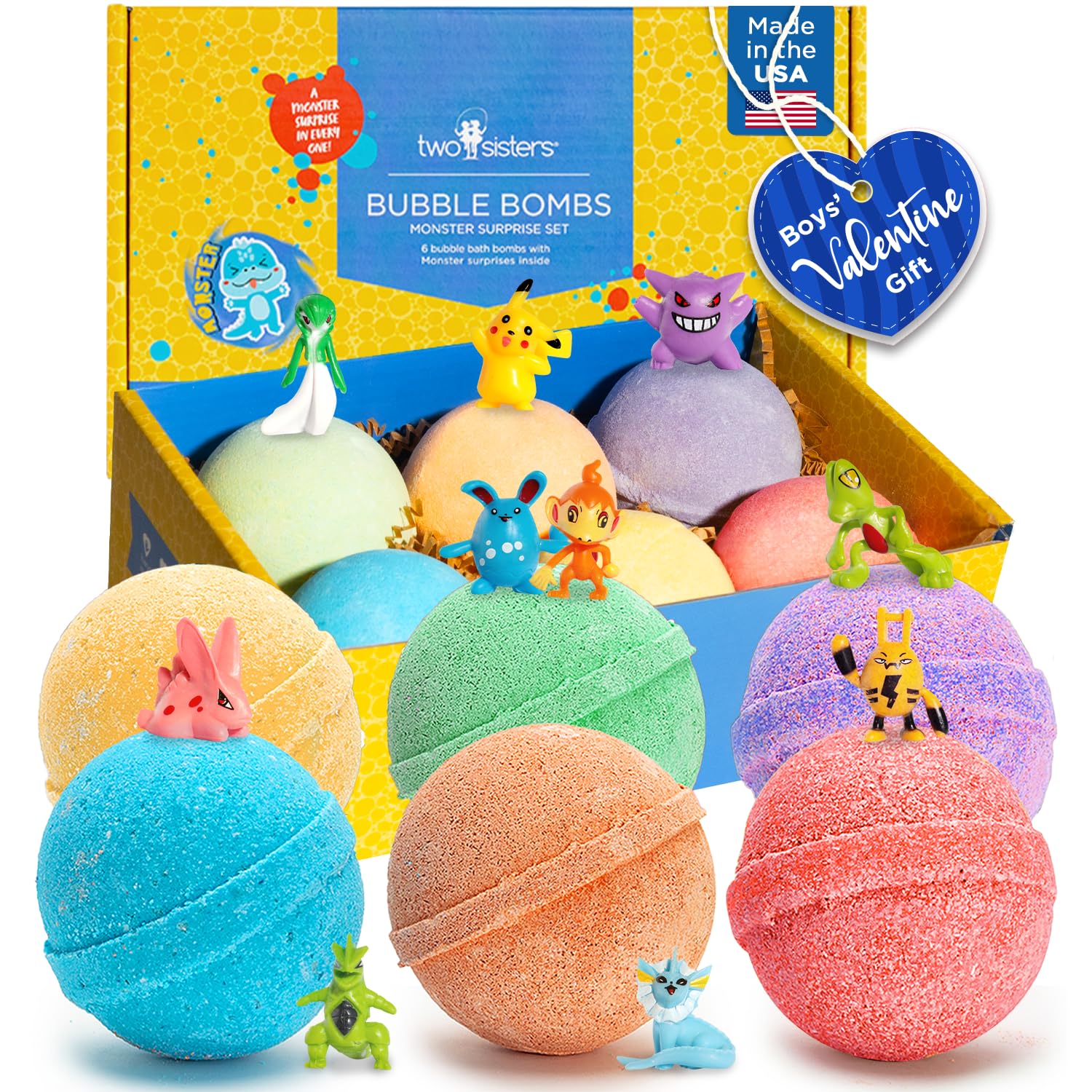 Two Sisters Poke Monster Bath Bombs - 6 Pack with Surprise Inside, Fruity Scents, USA Made
