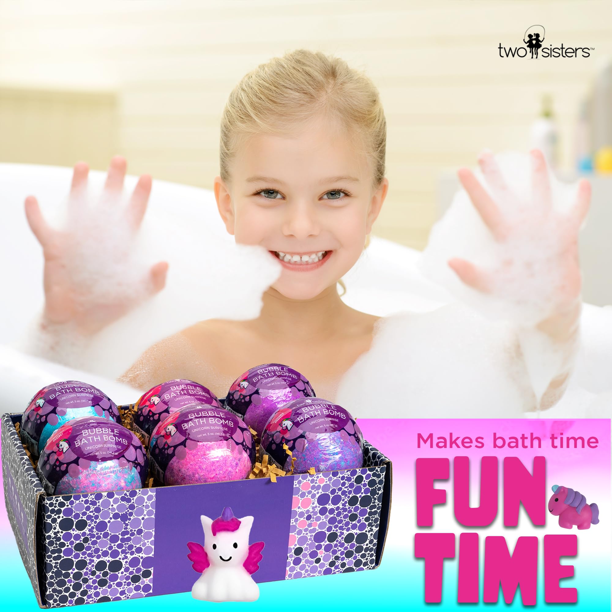 Two Sisters Unicorn Bath Bombs (6 Pack) – Surprise Toy Inside, Fruity Scents, Made in USA