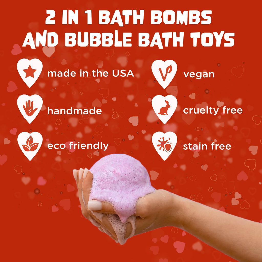 Two Sisters Valentines Bath Bombs for Kids – 6 Pack with Surprise Heart Toys Inside