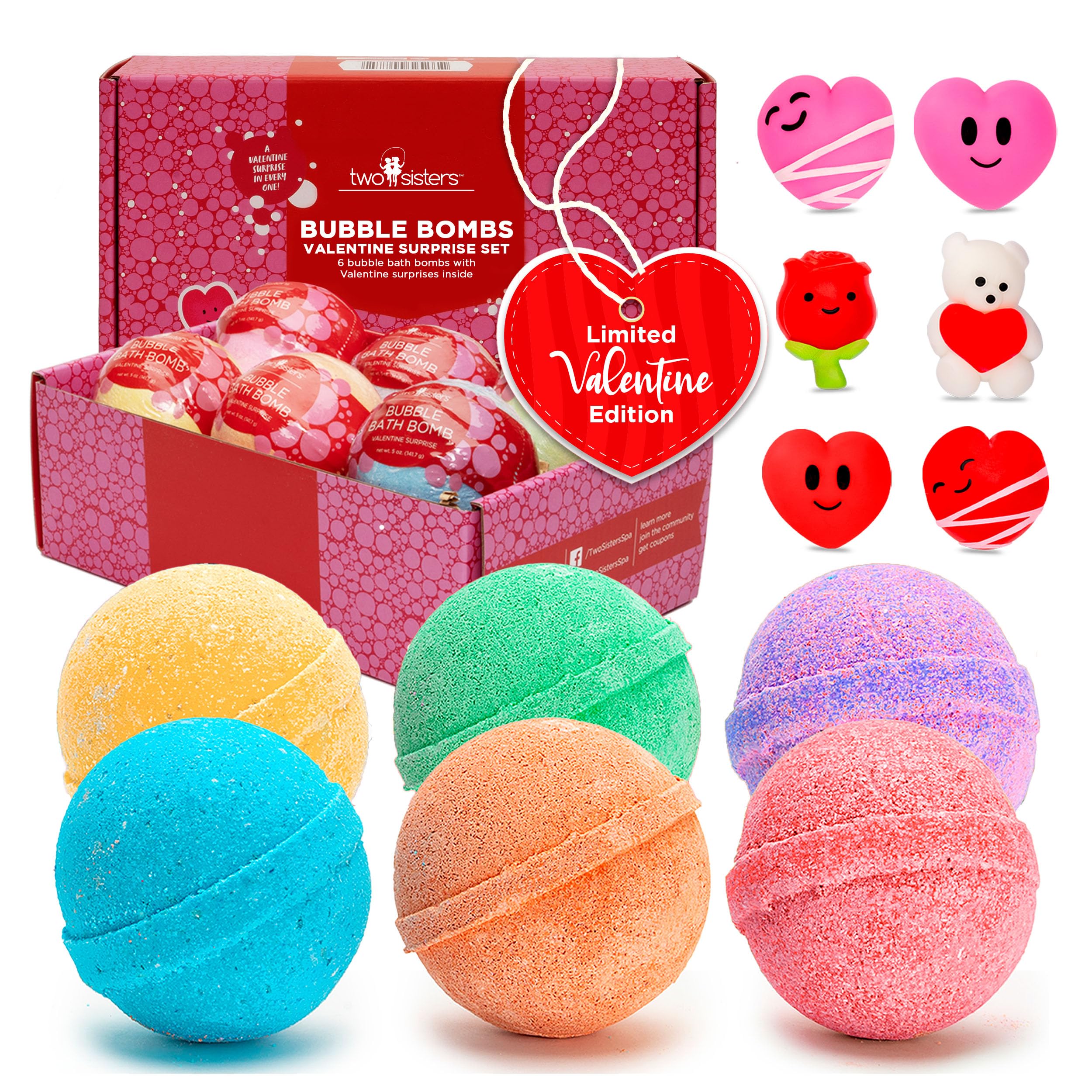 Two Sisters Valentines Bath Bombs for Kids – 6 Pack with Surprise Heart Toys Inside