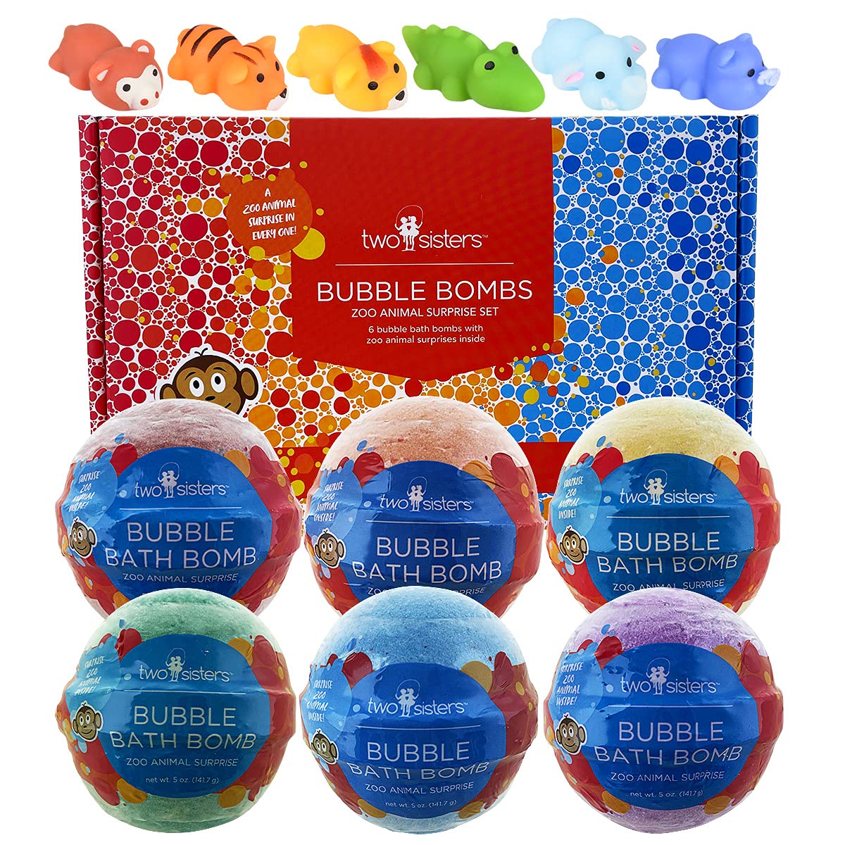 Two Sisters Zoo Animal Bath Bombs – 6 Pack with Surprise Toys, USA Made, Large Bubble Bath