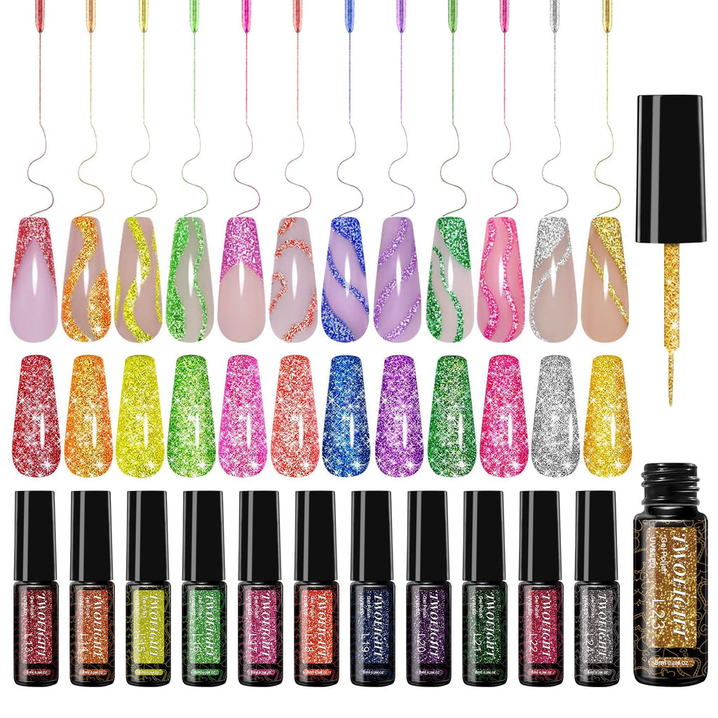 TWOEIGHT Reflective Glitter Nail Art Gel Liner – 12 Colors, 8ml, Sparkling Neon & Diamond Shine