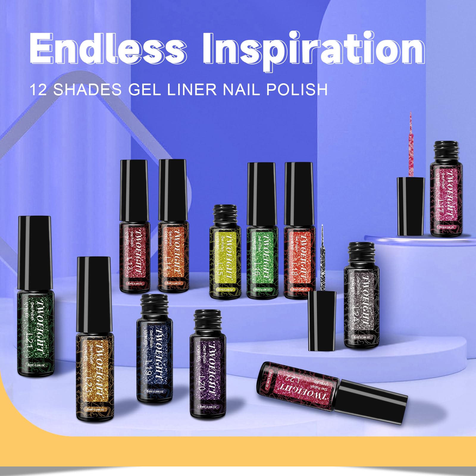 TWOEIGHT Reflective Glitter Nail Art Gel Liner – 12 Colors, 8ml, Sparkling Neon & Diamond Shine