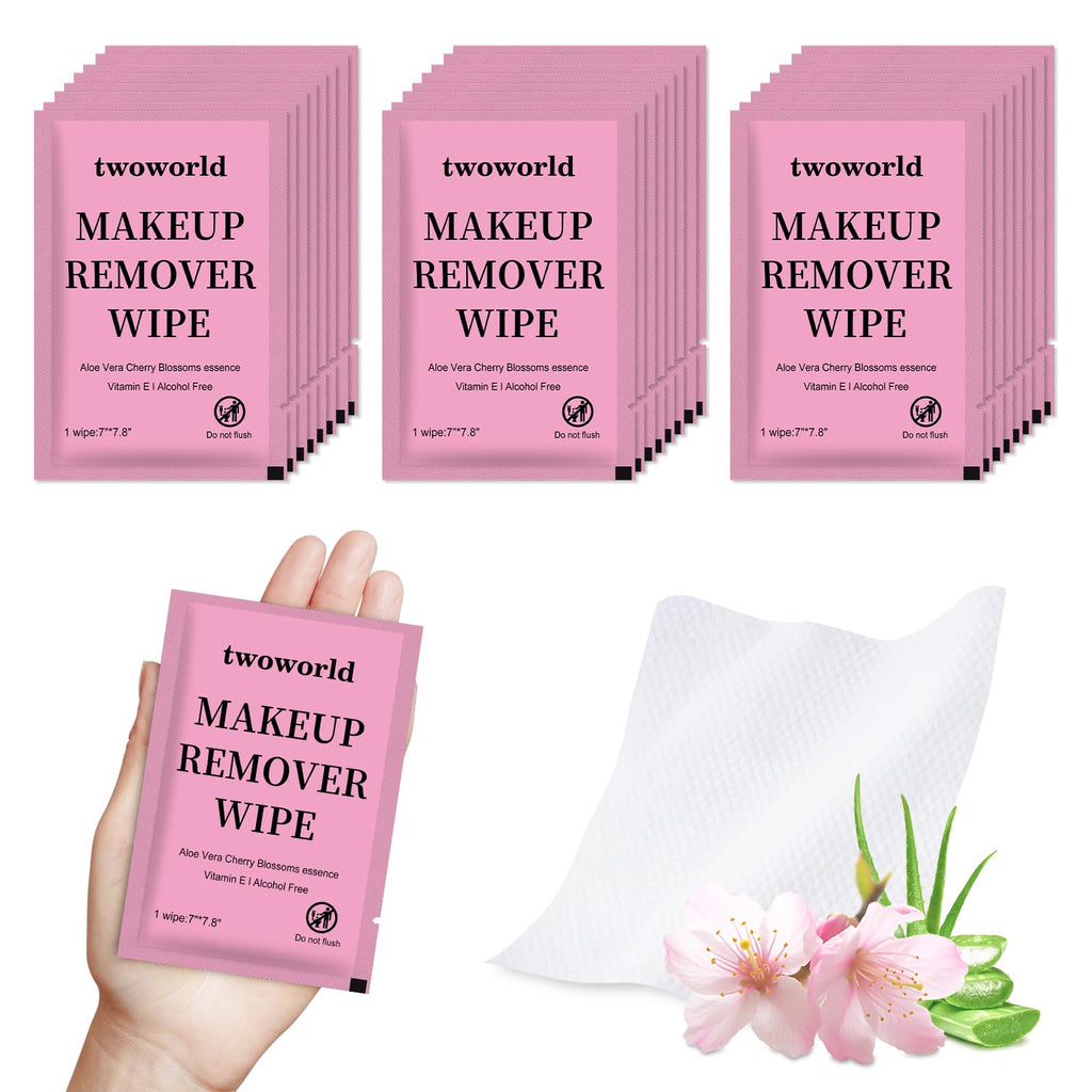 Twoworld Makeup Remover Wipes Bulk – Aloe Vera & Cherry Blossoms, 100 Count (Individually Wrapped)