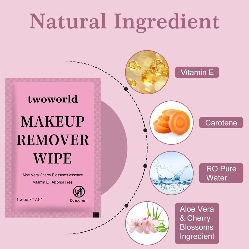 Twoworld Makeup Remover Wipes Bulk – Aloe Vera & Cherry Blossoms, 100 Count (Individually Wrapped)