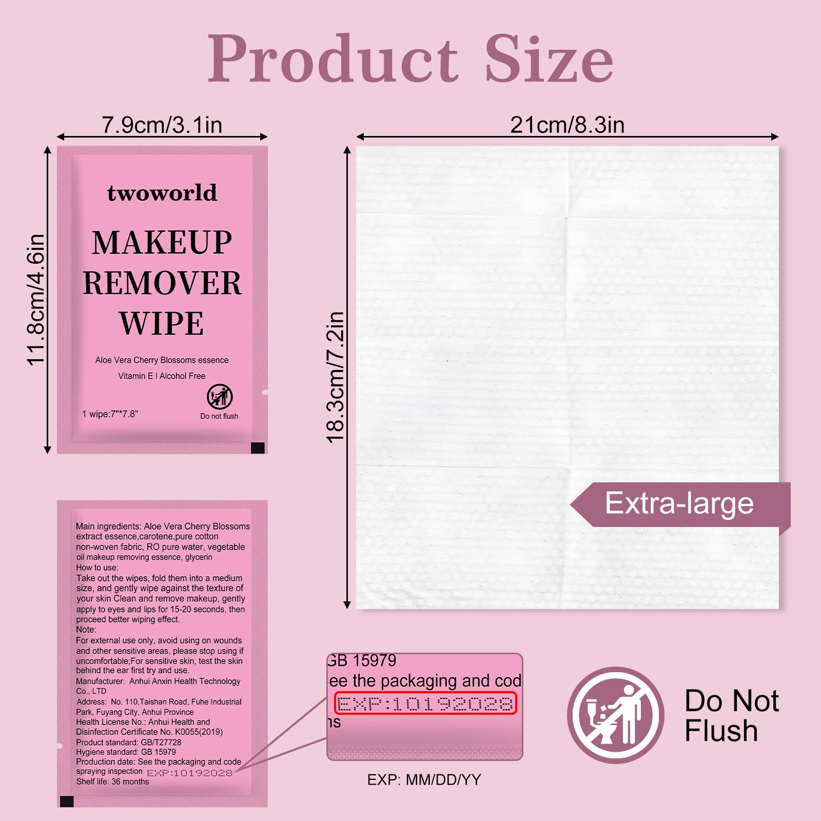 Twoworld Makeup Remover Wipes Bulk – Aloe Vera & Cherry Blossoms, 100 Count (Individually Wrapped)