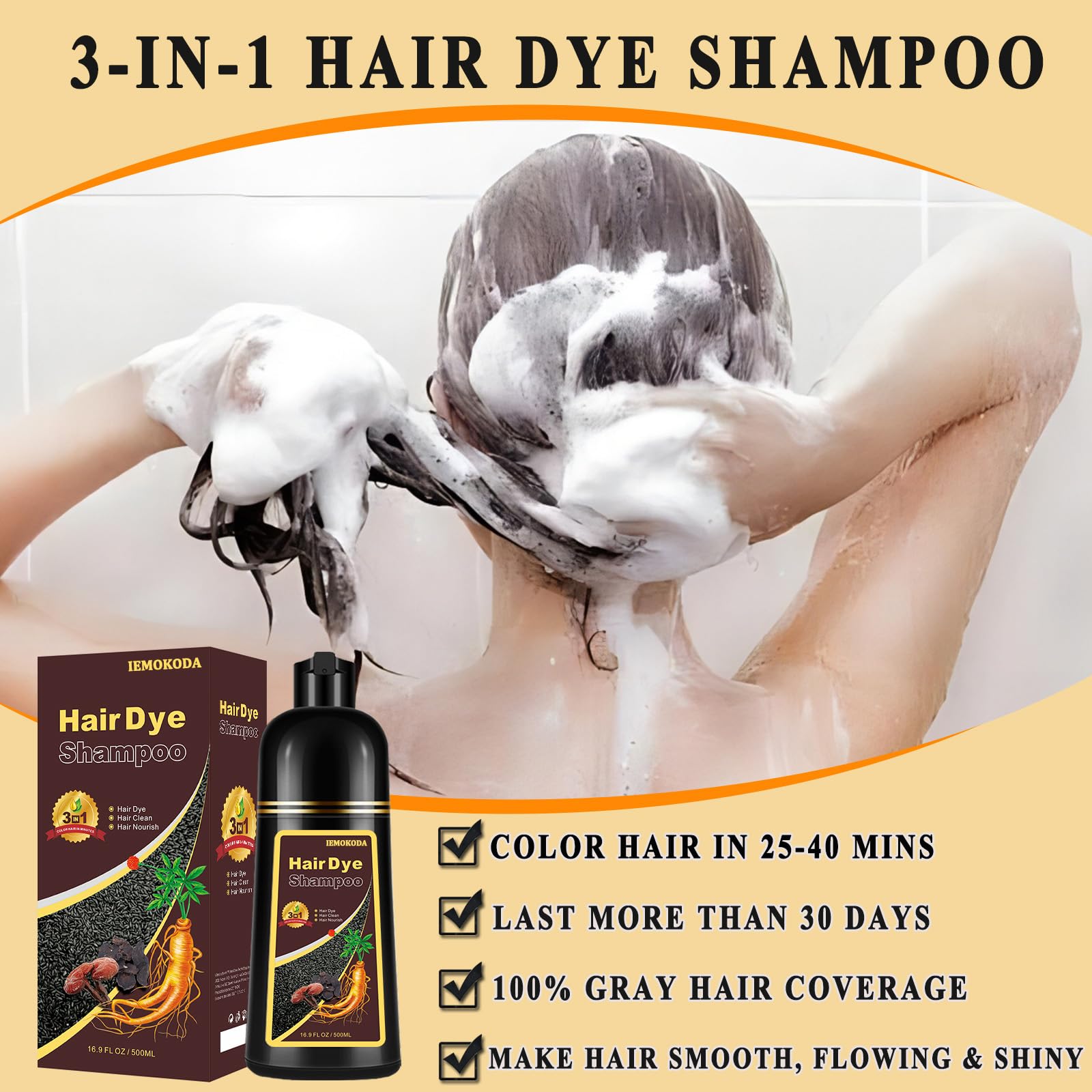 TYAYW Black Tea Hair Dye Shampoo 3 in 1 – Long-Lasting Color for Gray Hair (500ml)