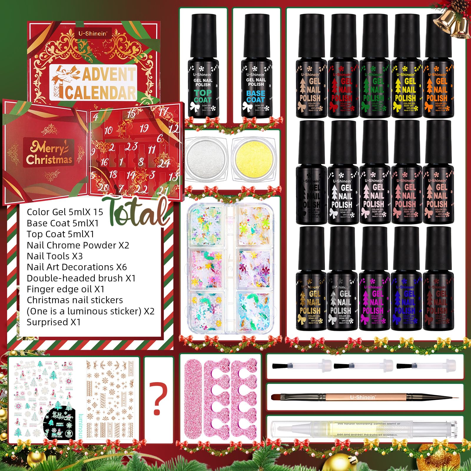 U-Shinein Nail Polish Advent Calendar 2025 – 24-Day Gel Polish Collection with Tools & Glitter