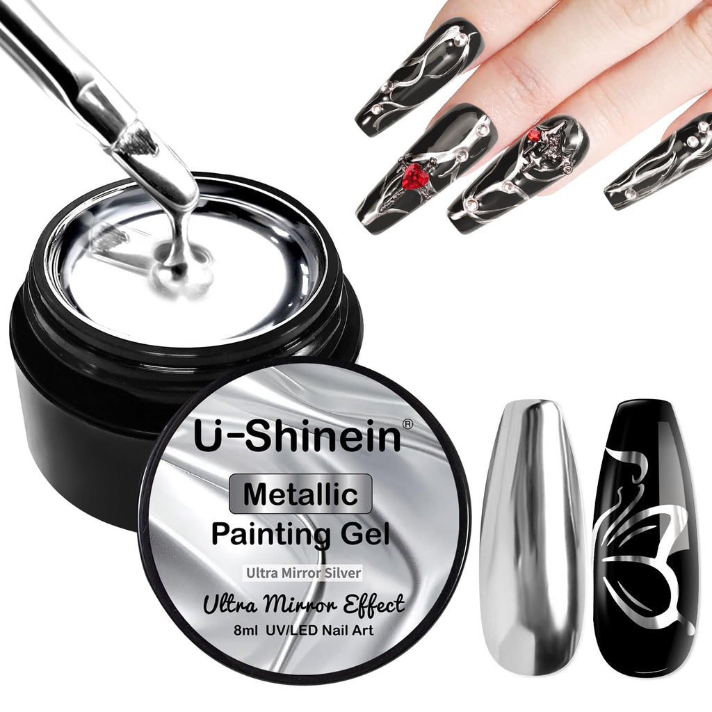 U-Shinein 8ml Metallic Painting Gel – Ultra Mirror Silver Nail Art