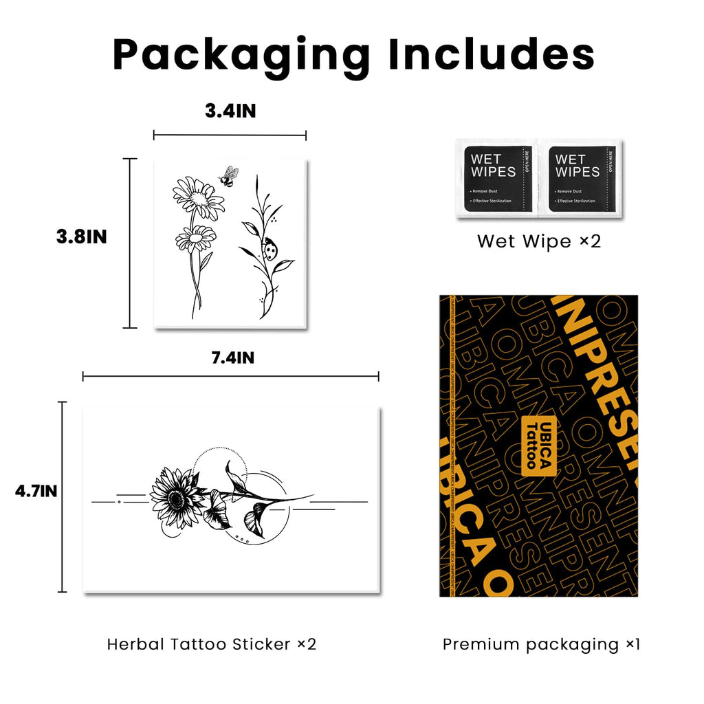 UBICA Large Semi-Permanent Sunflower Tattoo – 2 Sheets, 2-Week Waterproof Floral Designs