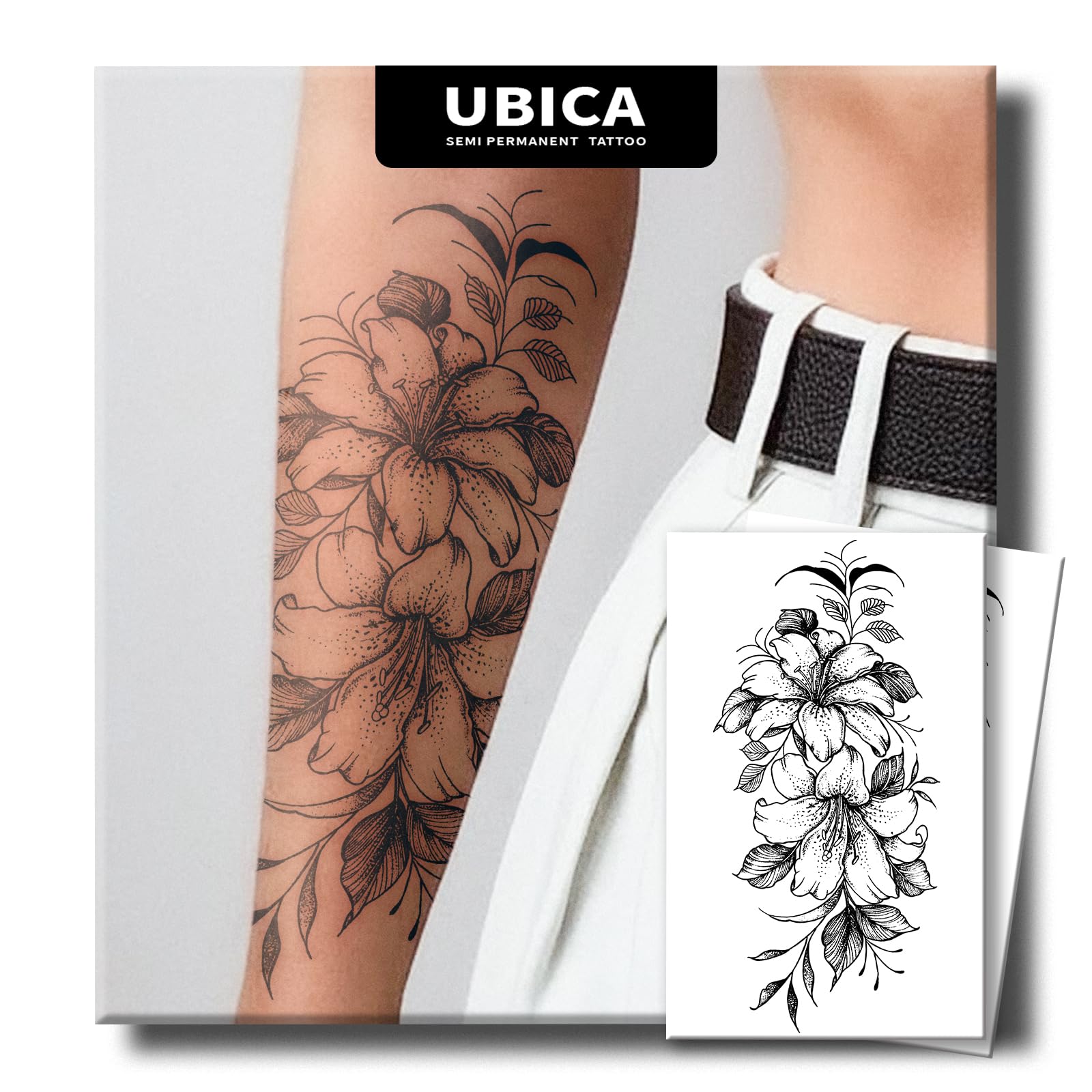 UBICA Tattoo Tech: 2 Large Sheets Lily Flower Semi-Permanent Tattoos, 7–15 Days, Waterproof